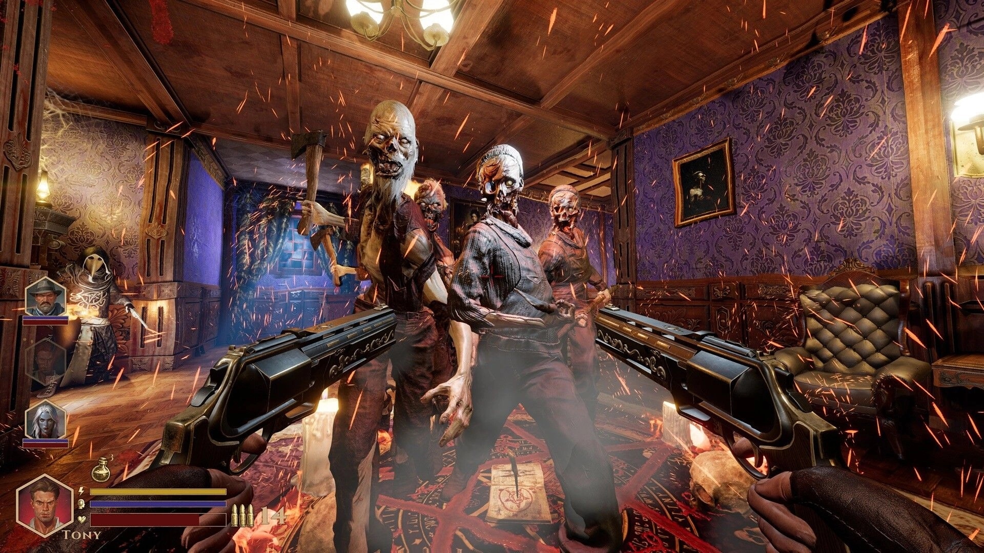 DEEPWARD: Dual pistols aimed at axe-wielding undead in a wallpapered room, squad HUD at left.