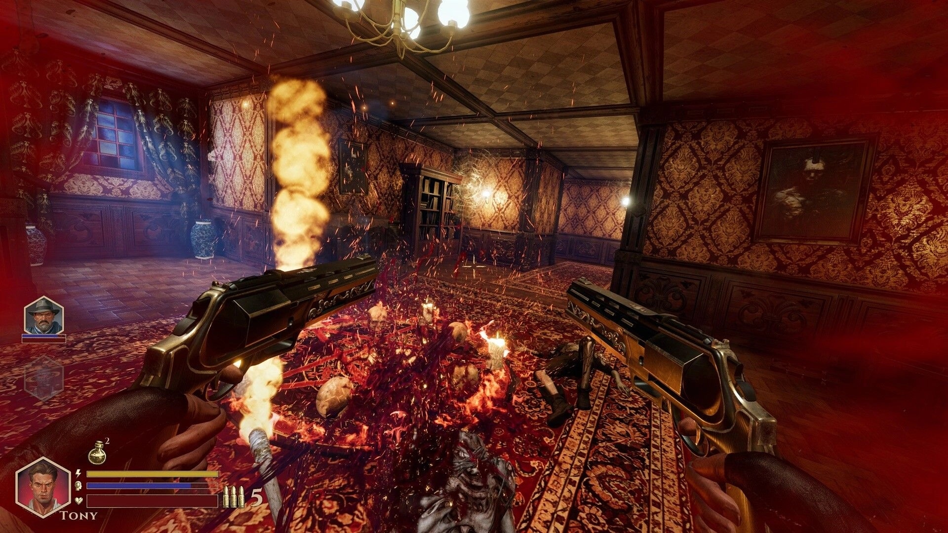DEEPWARD: Dual pistols firing at a gore-splattered corpse in a wallpapered manor hallway HUD visible.