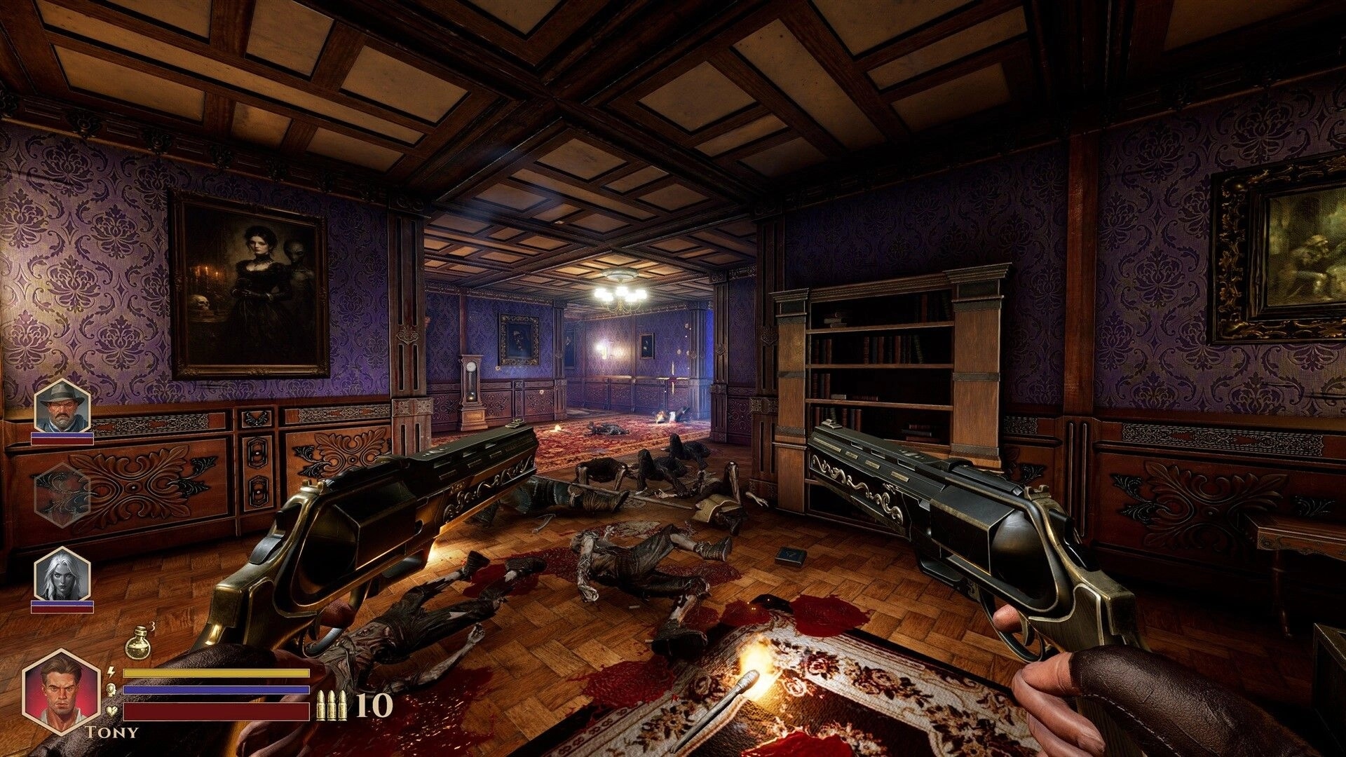 DEEPWARD: Dual pistols aimed down a bloodied mansion hall, party portraits and ammo HUD visible.