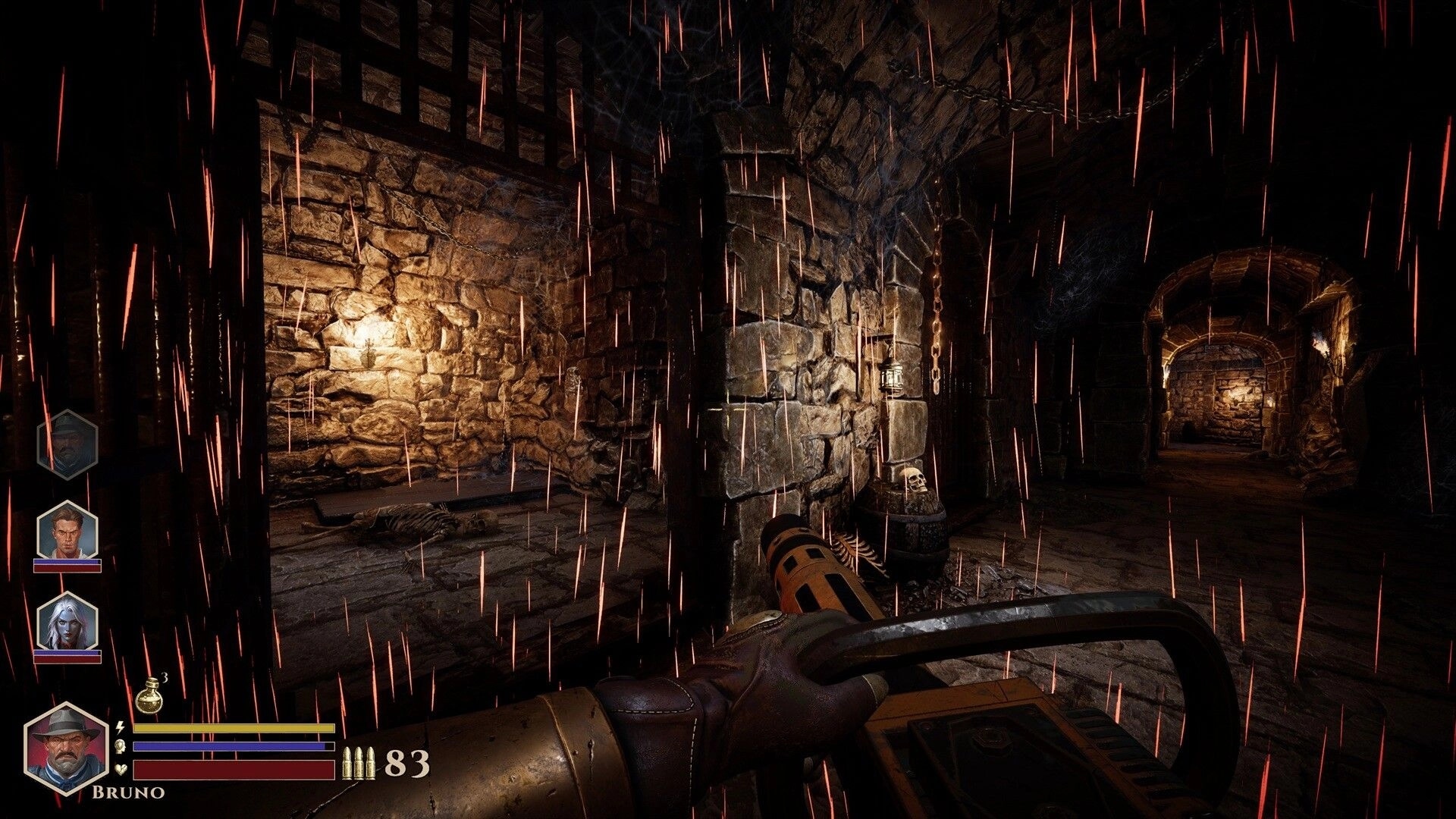 DEEPWARD: First-person gun aimed down torchlit stone corridor, squad portraits and ammo UI visible.