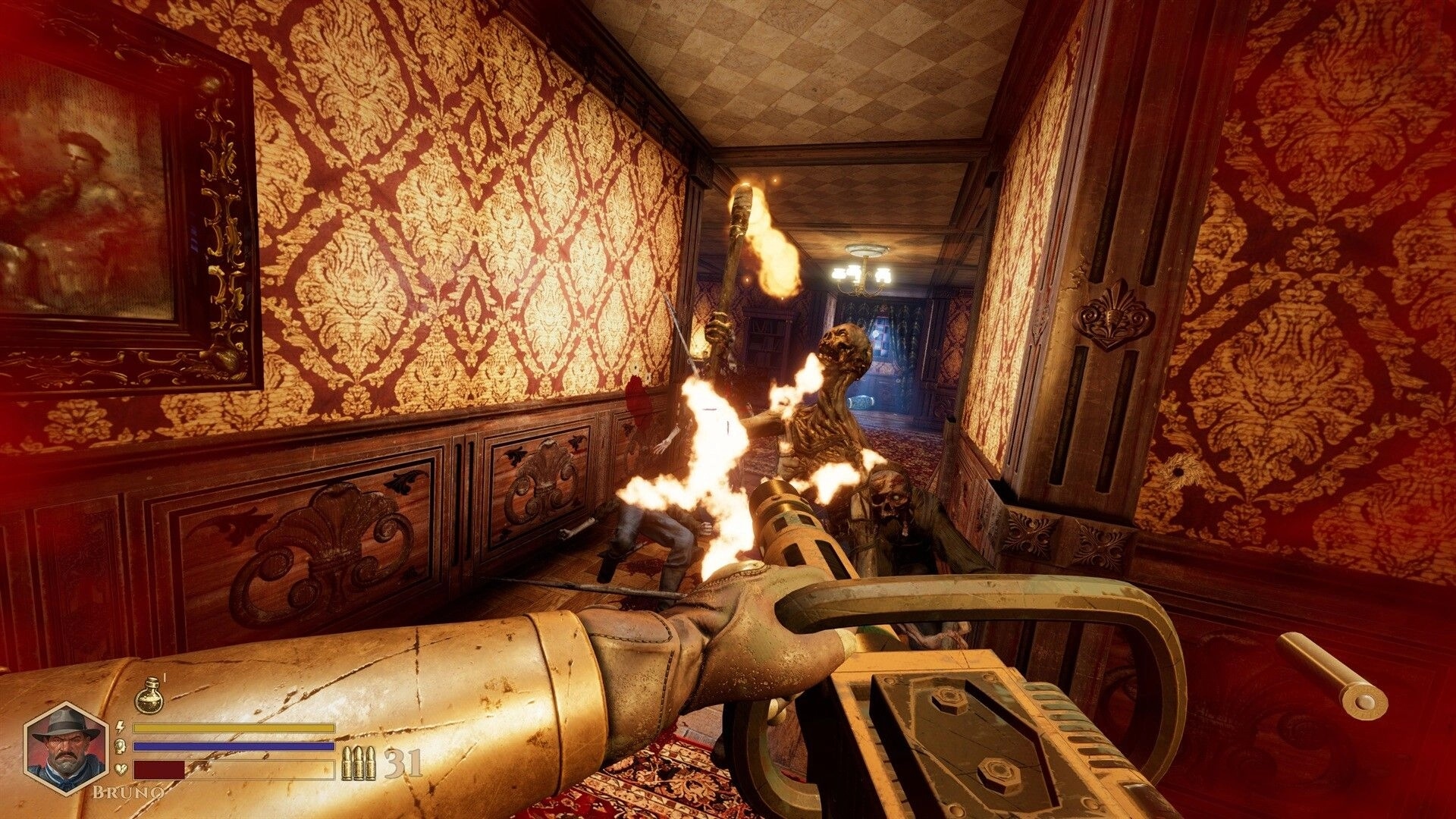 DEEPWARD: First-person flamethrower attack on burning undead in ornate red wallpaper hallway HUD visible.