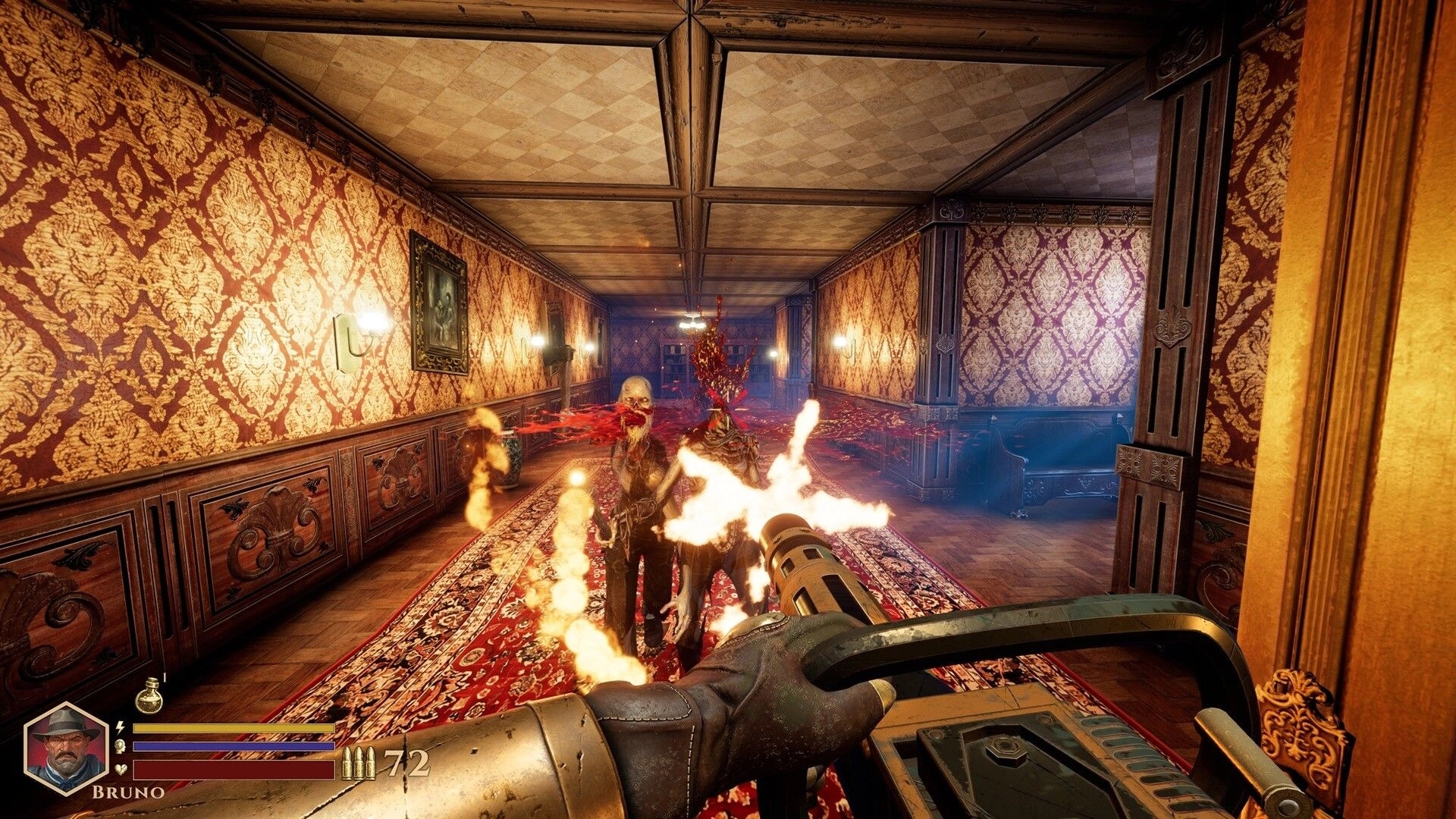 DEEPWARD: Flamethrower blasting two ghouls in ornate hotel hallway, Bruno HUD and ammo counter visible.