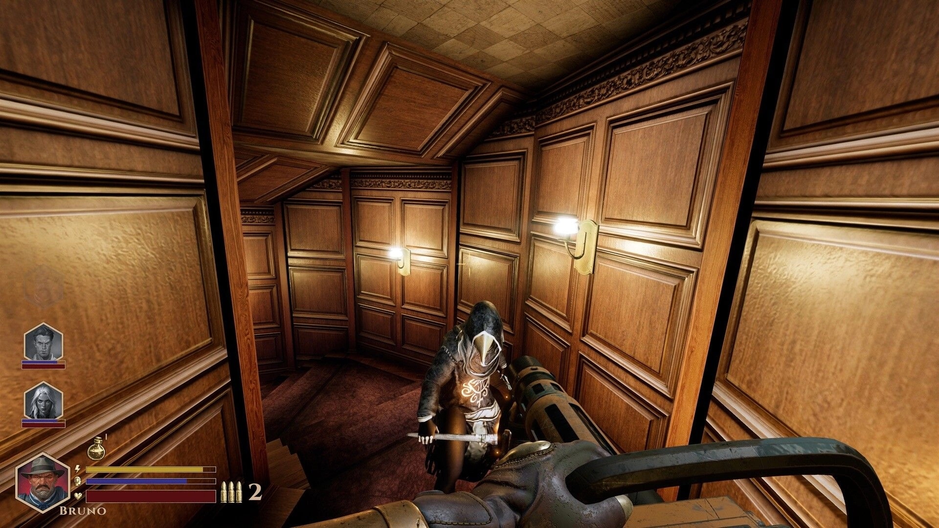 DEEPWARD: First-person view aiming a gun at a hooded enemy on a narrow, wood-paneled stairwell.