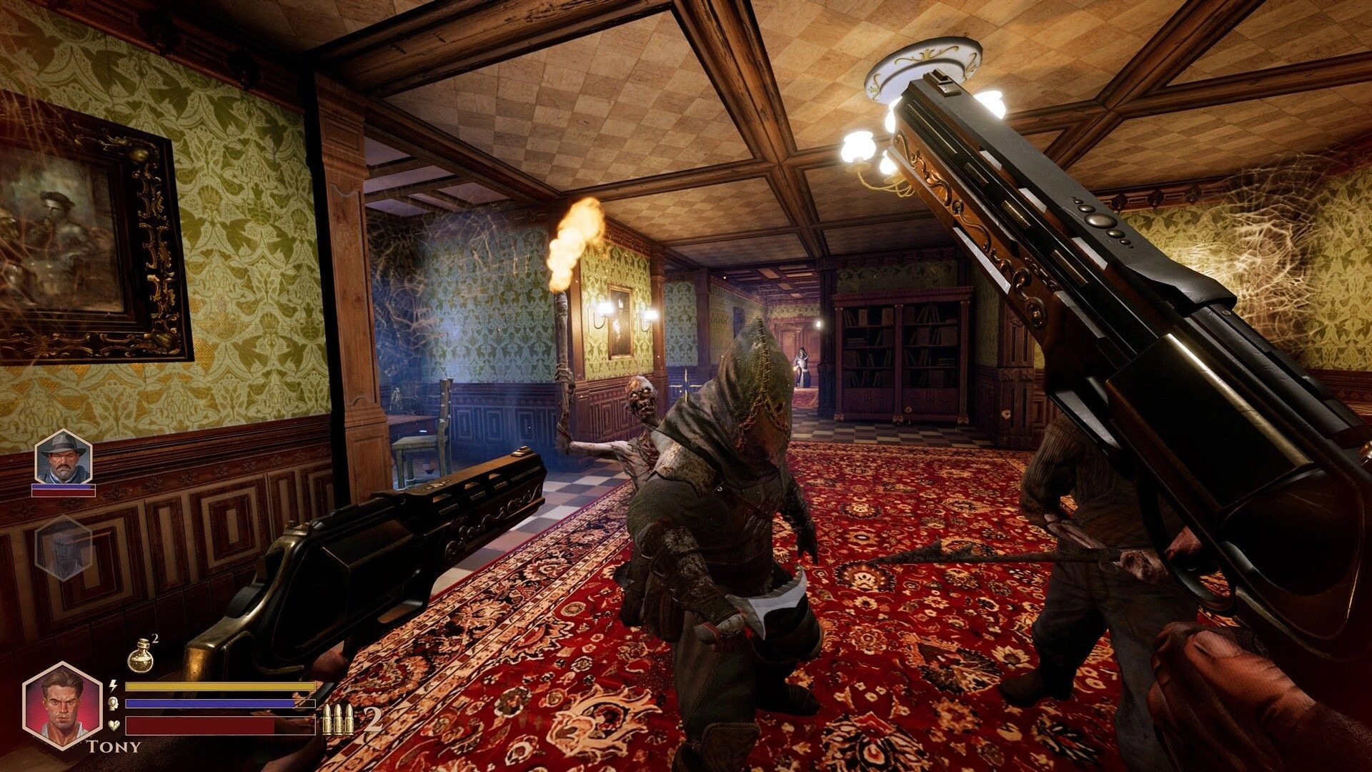 DEEPWARD: Dual shotguns blast a hooded cultist in a cobwebbed manor hall with hero HUD and ammo count.