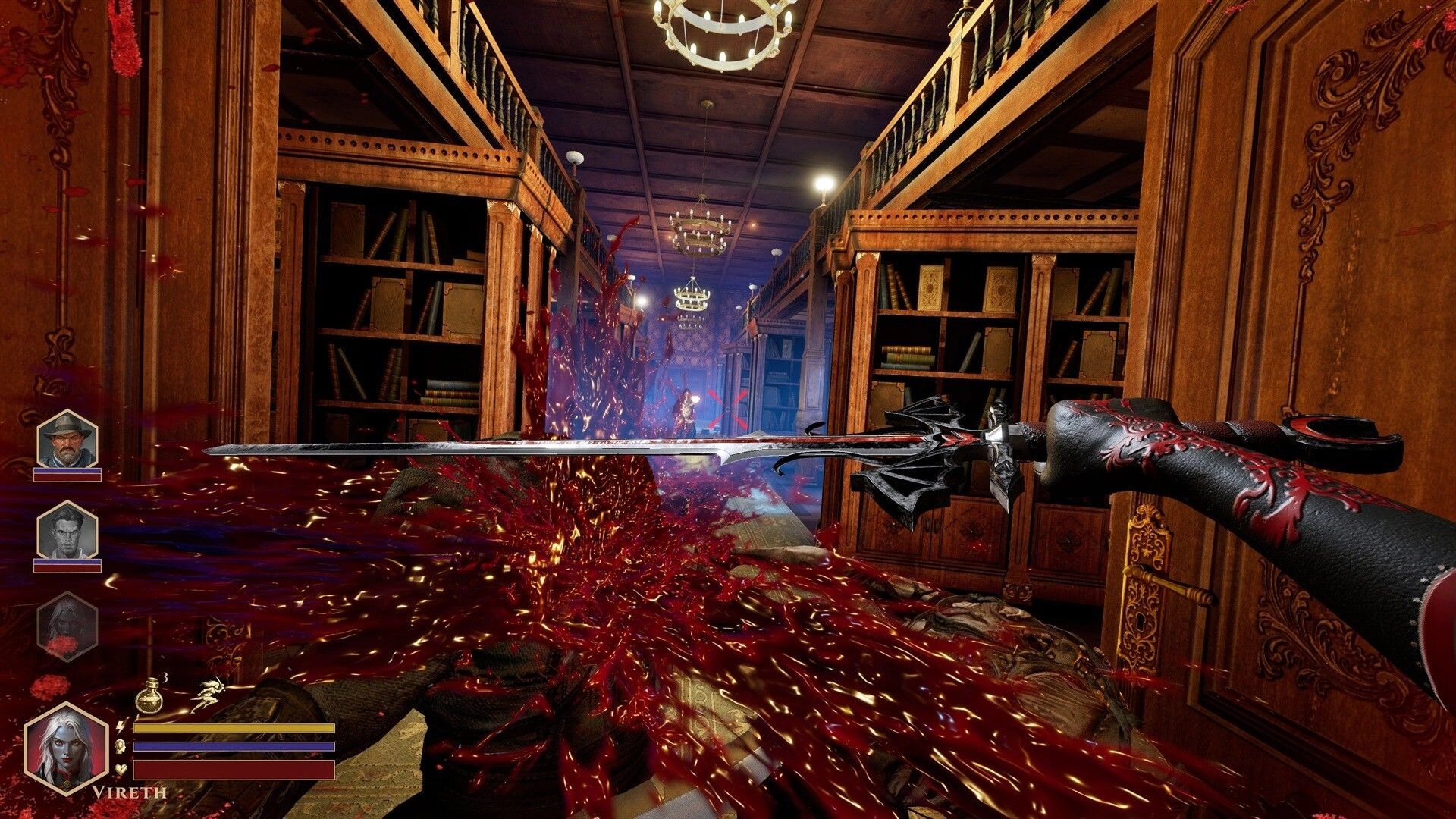 DEEPWARD: First-person sword slash sprays gore in a grand library hall with hero portraits HUD.