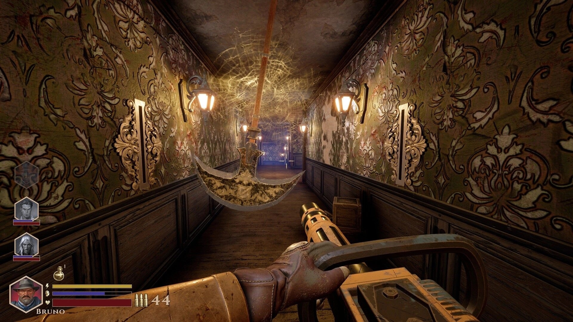 DEEPWARD: First-person minigun aimed down a wallpapered hallway with cobwebs and squad UI HUD.