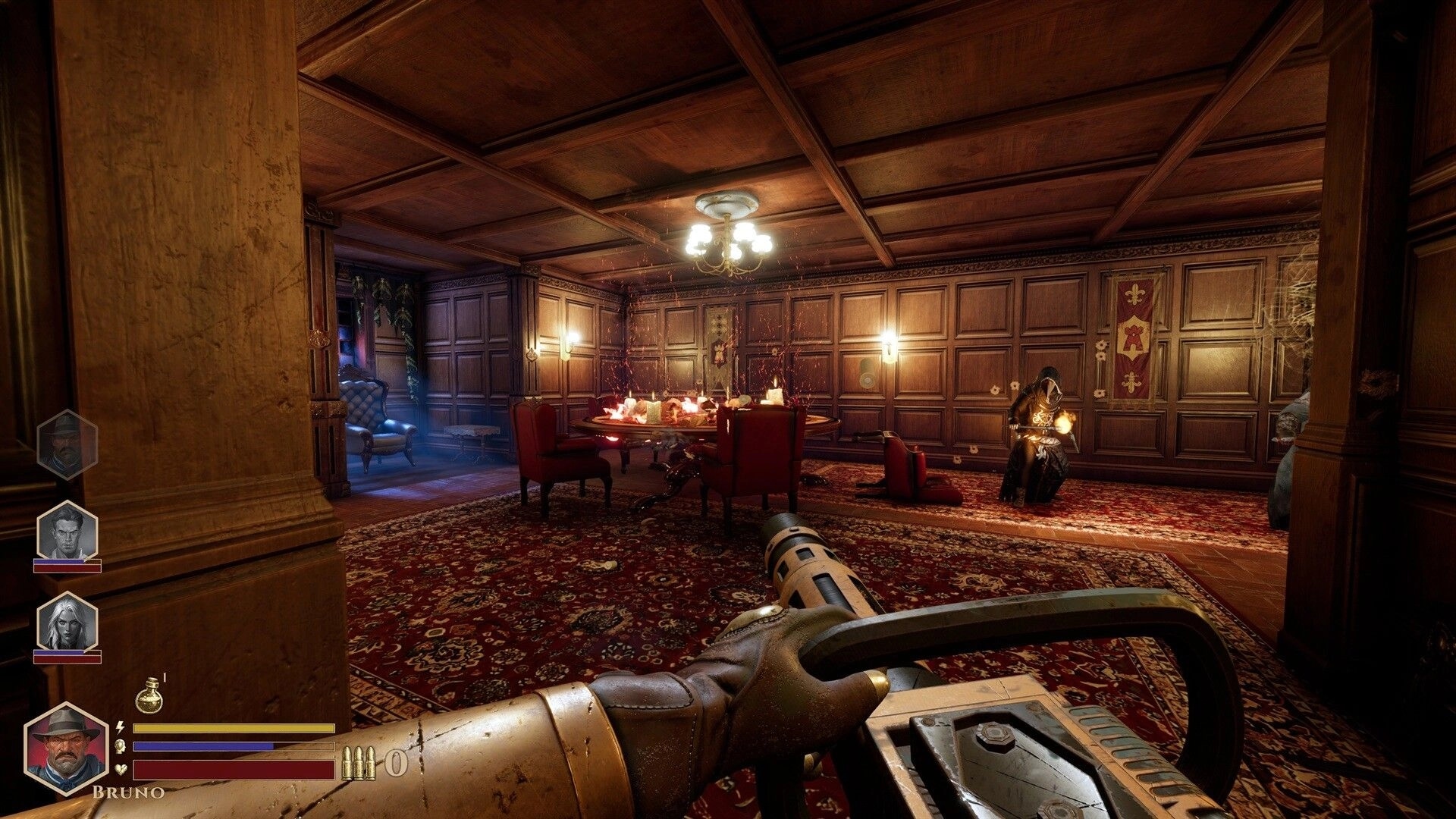 DEEPWARD: First-person view holding a heavy weapon in a wood-paneled lounge with squad HUD and candles.