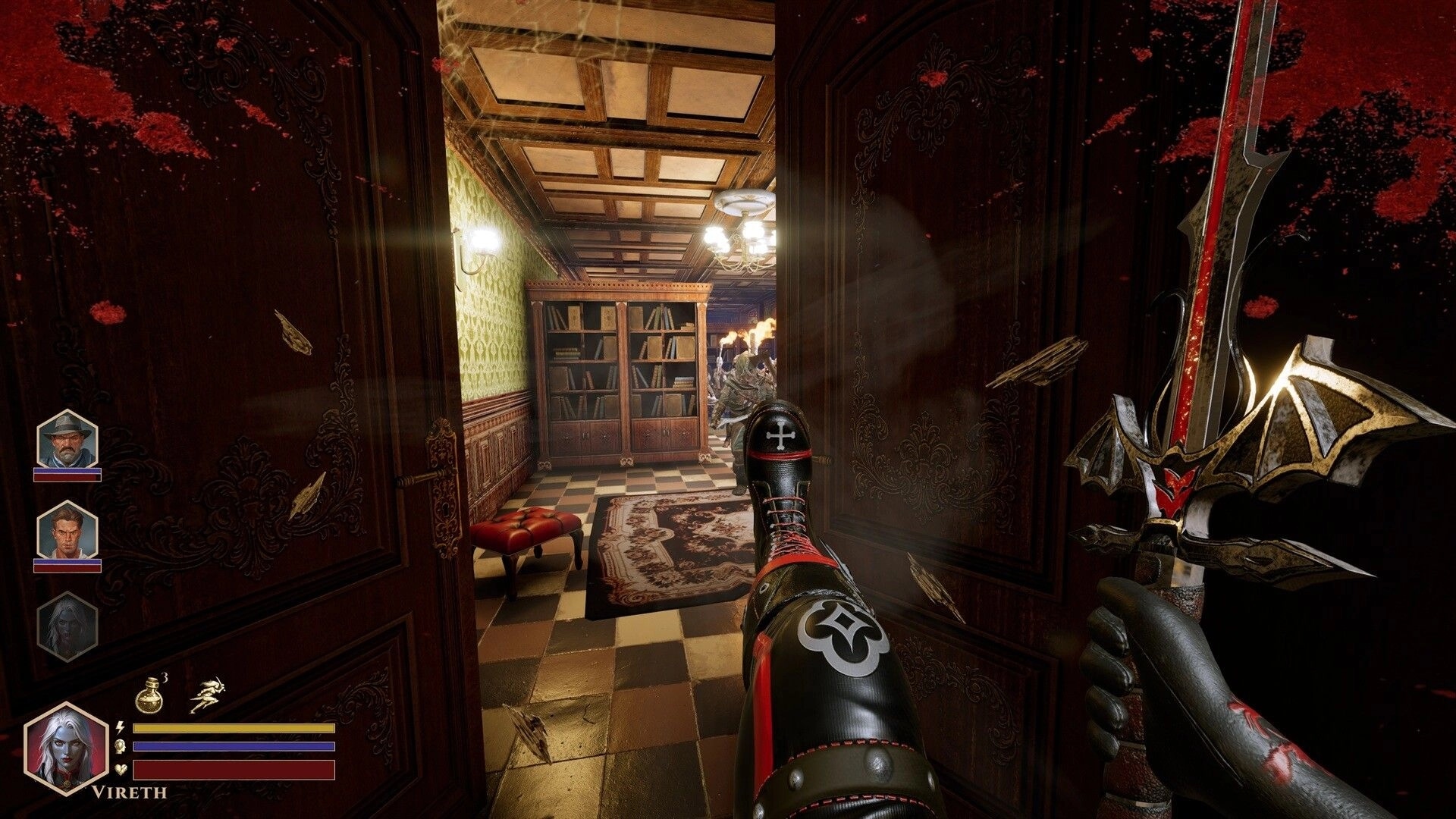 DEEPWARD: First-person melee with ornate axe in mansion hallway, squad HUD and Vireth bars visible.