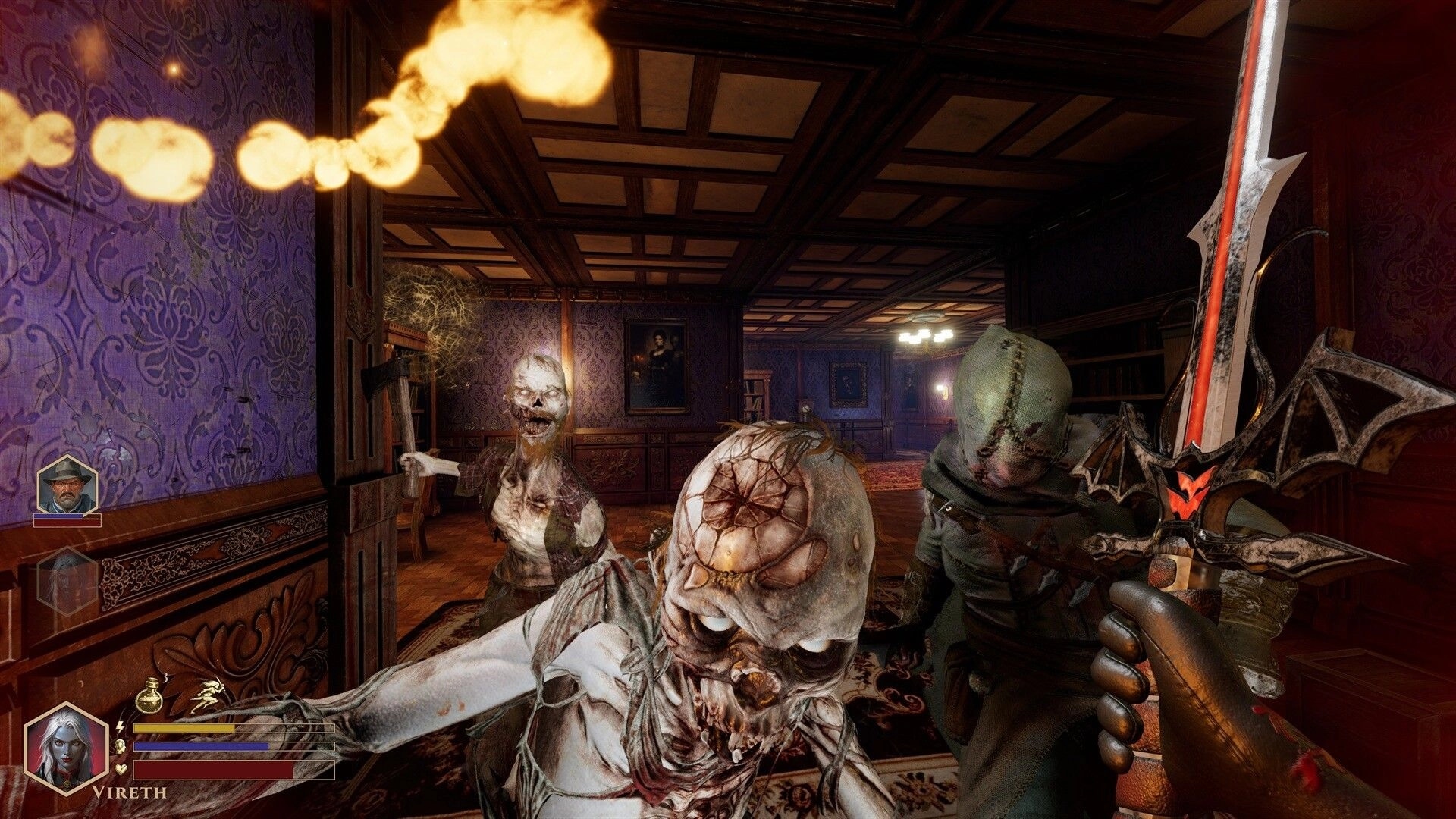 DEEPWARD: First-person melee strike on lunging undead in a wallpapered manor hallway with HUD portraits.