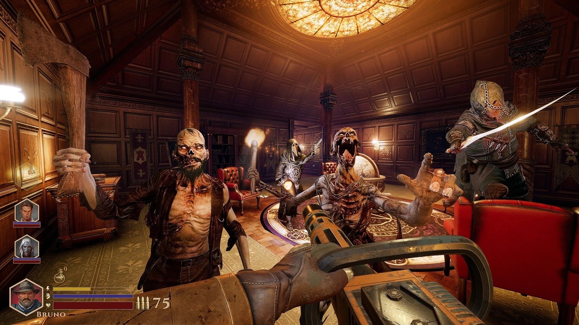 DEEPWARD: First-person gunfight with lunging monsters and ally UI in a wood-paneled library room.