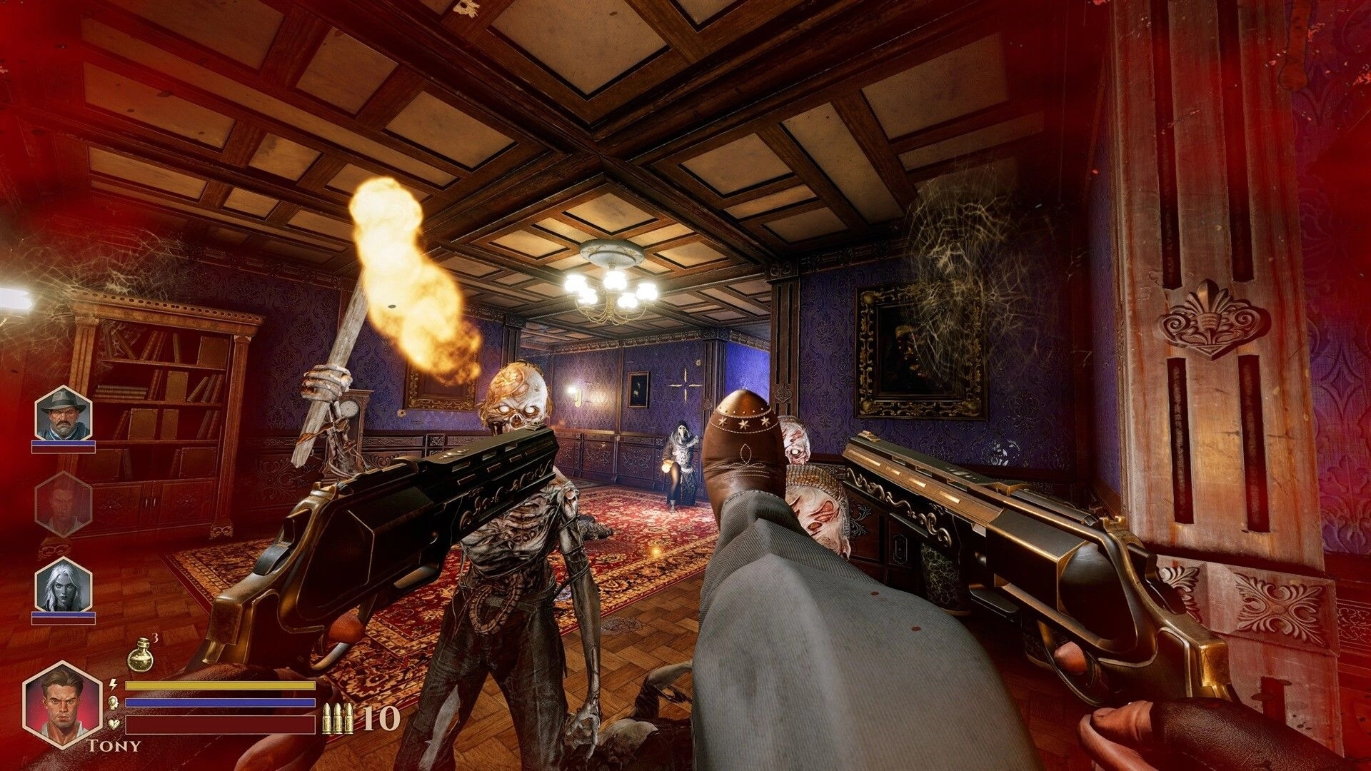 DEEPWARD: Dual-shotgun firefight with torch-wielding undead in ornate mansion hall, HUD portraits left.