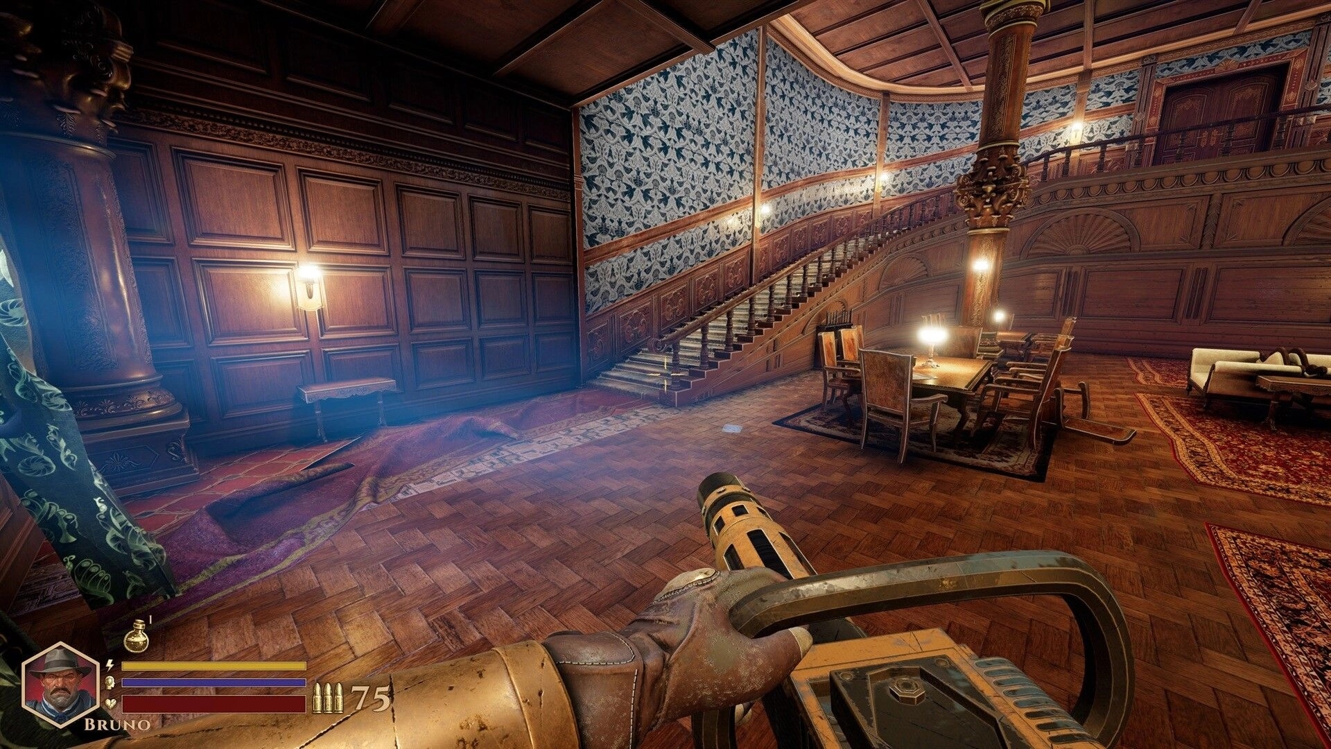 DEEPWARD: First-person view holding a heavy gun in a grand mansion hall with staircase and HUD stats.