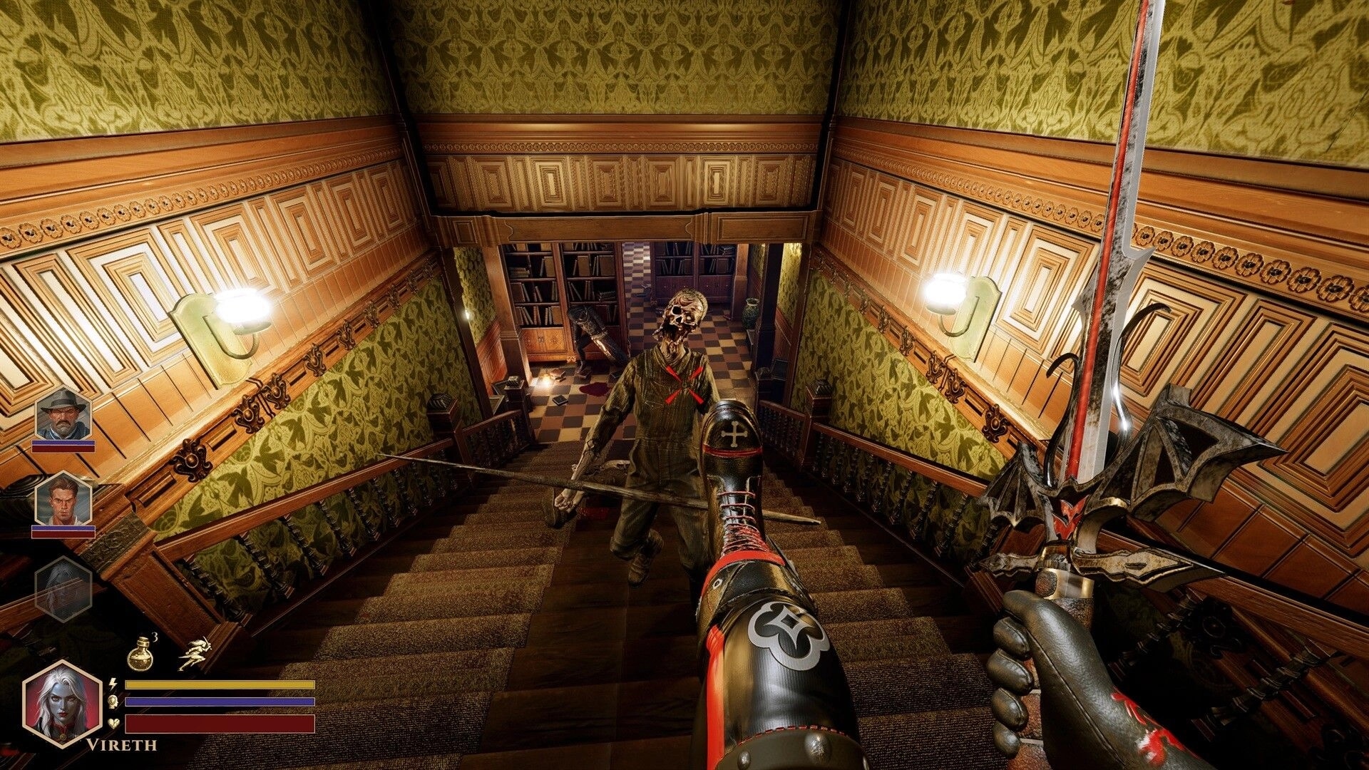 DEEPWARD: First-person sword fight with a zombie on a mansion staircase, squad HUD on left.