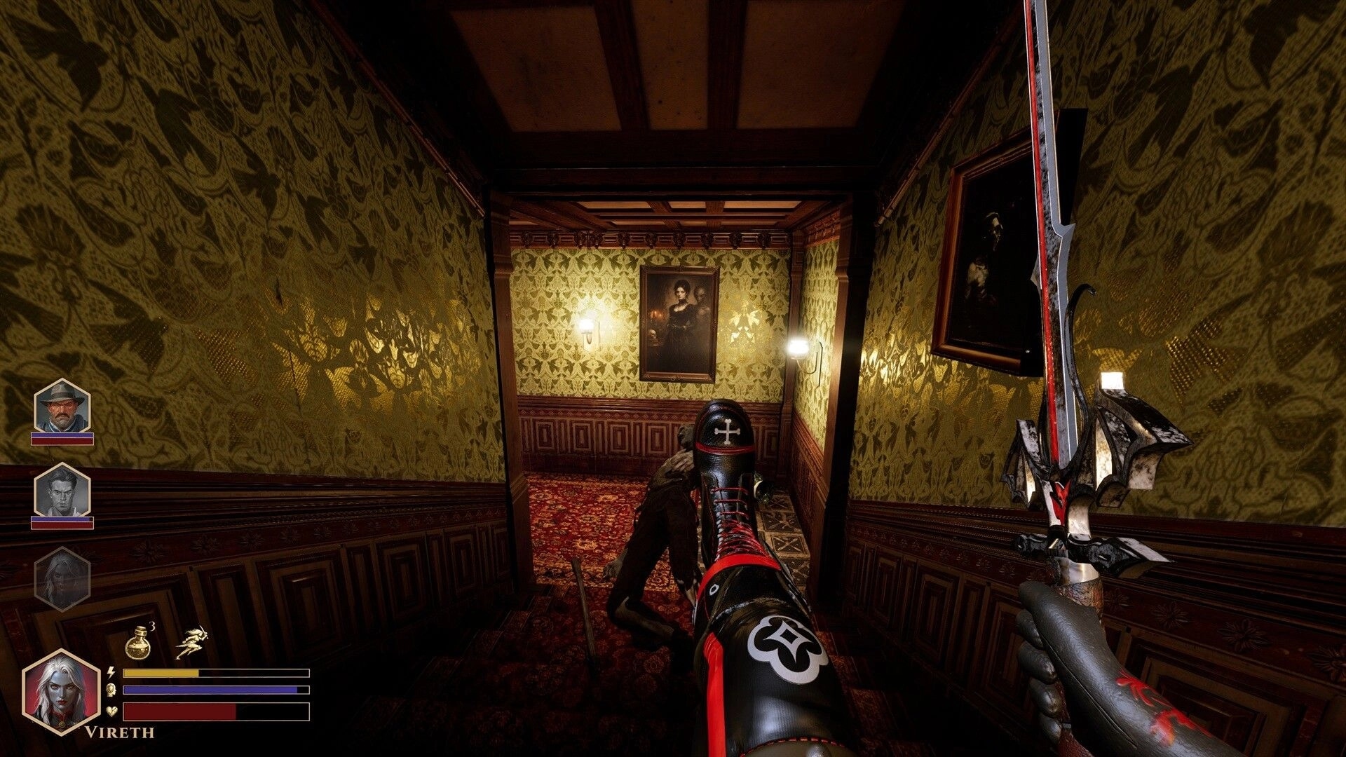 DEEPWARD: First-person sword combat with a crawling enemy in a wallpapered mansion hallway HUD visible.