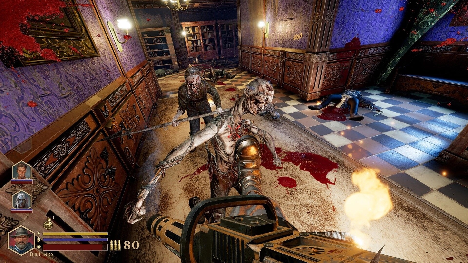 DEEPWARD: First-person gunfire at two ghouls in a blood-smeared mansion hallway, squad HUD visible.