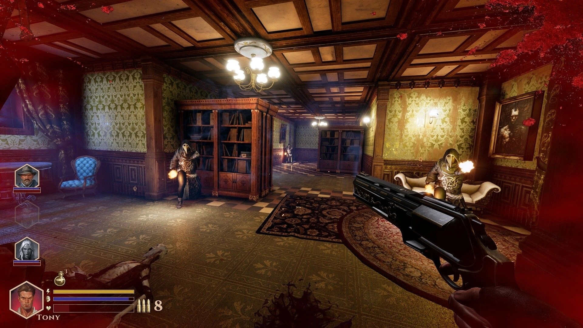 DEEPWARD: Shotgun firefight with masked cultists, UI portraits and ammo in a wood-paneled hall.