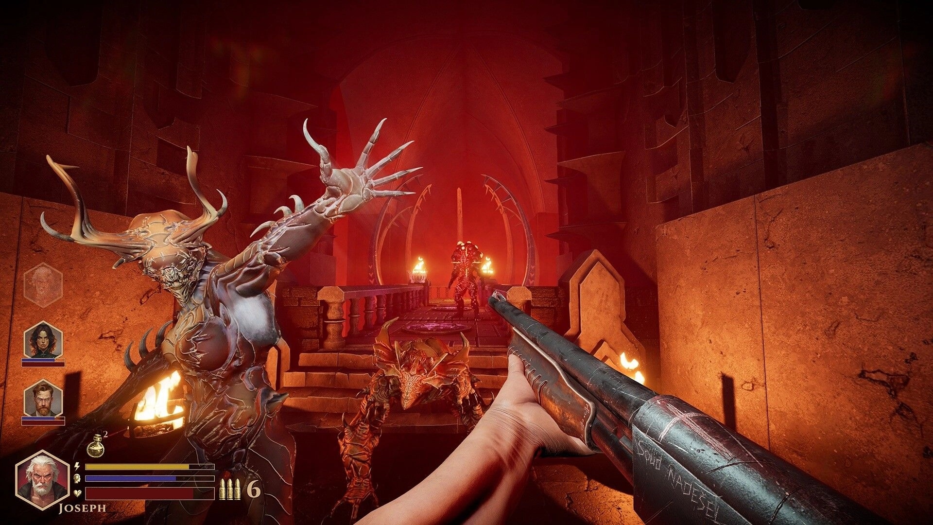 DEEPWARD: Shotgun aimed at horned demons with squad portraits and ammo HUD in red-lit stone hall.