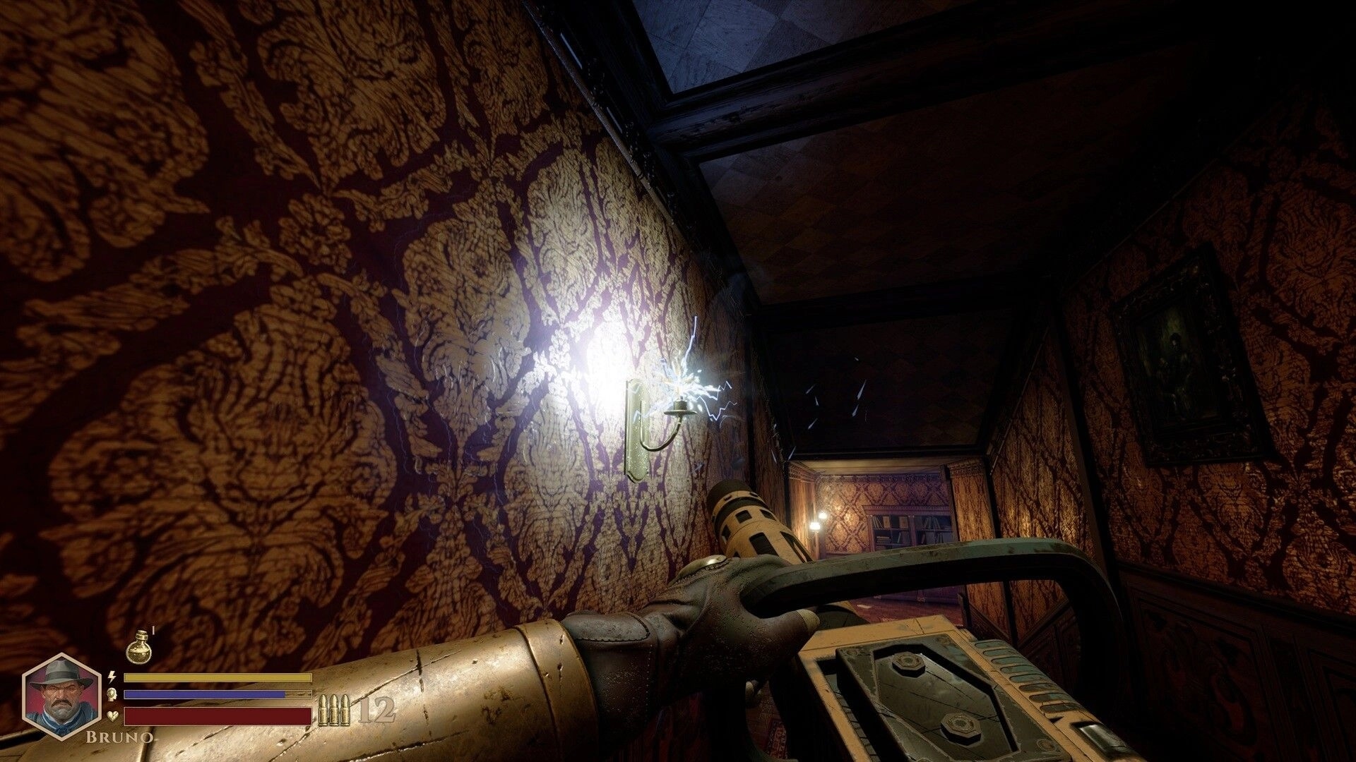 DEEPWARD: First-person view aiming a heavy gun down a wallpapered hallway, Bruno HUD visible.