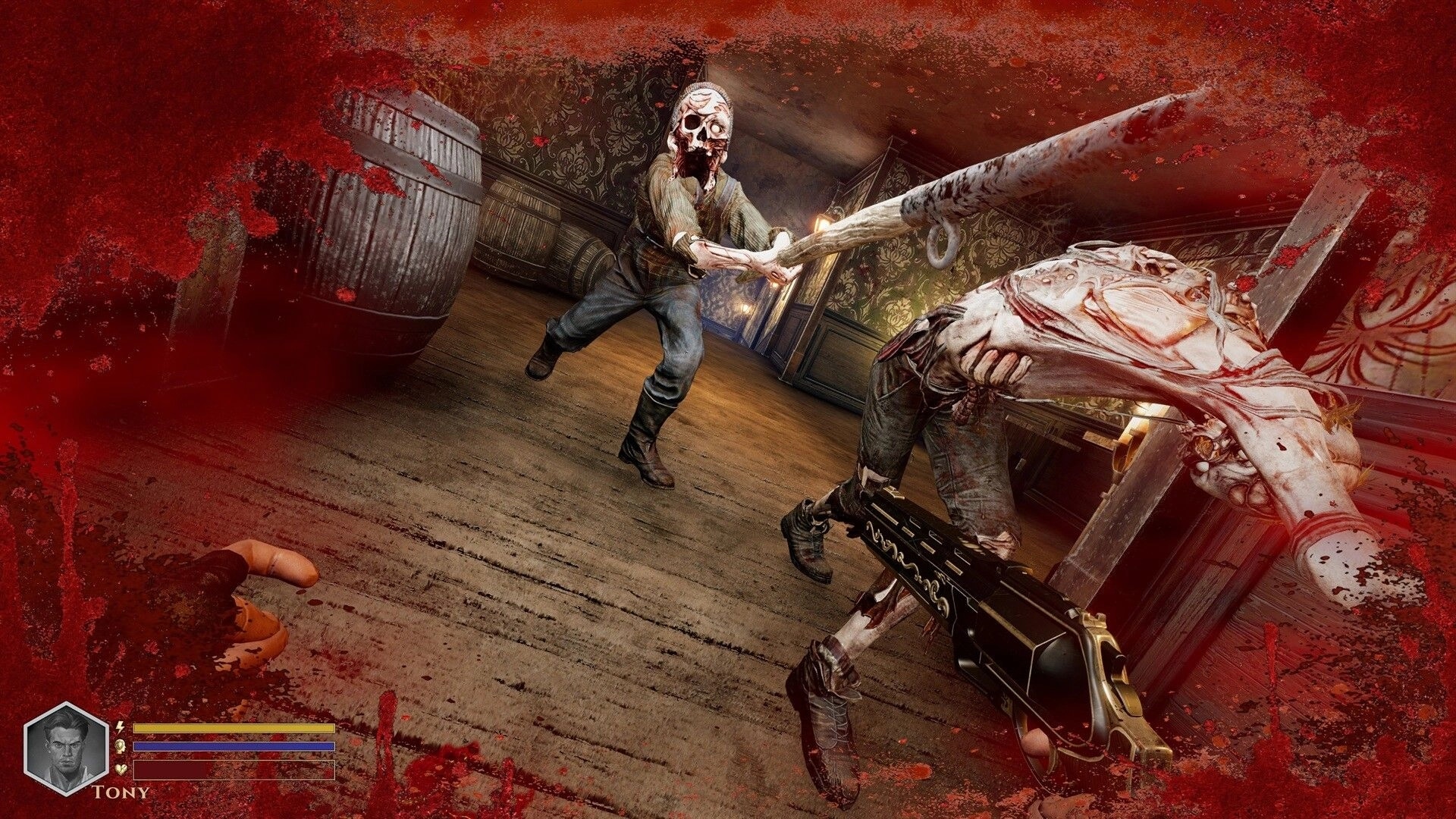 DEEPWARD: First-person melee fight with a masked foe in a dim tavern hallway, blood-splattered HUD.