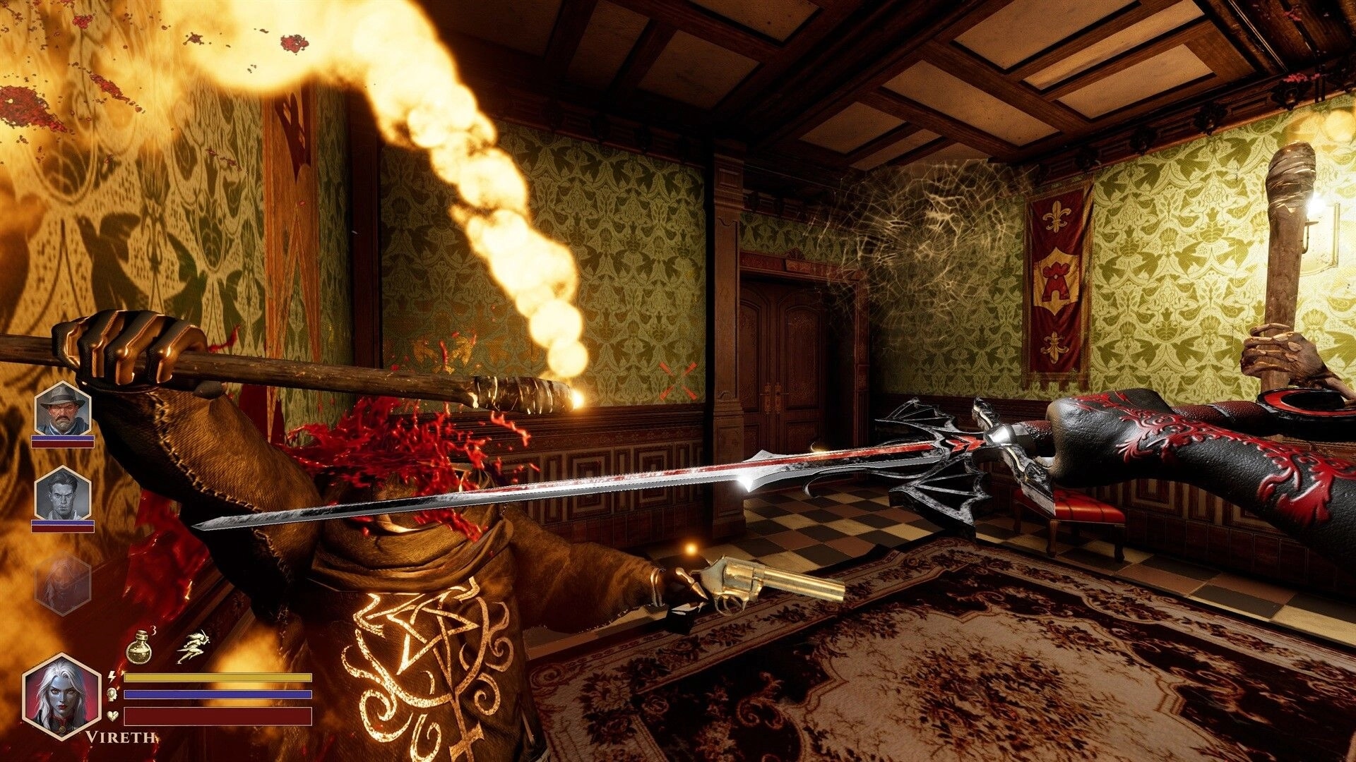 DEEPWARD: First-person sword strike and blood spray in a wallpapered mansion hall with party HUD.