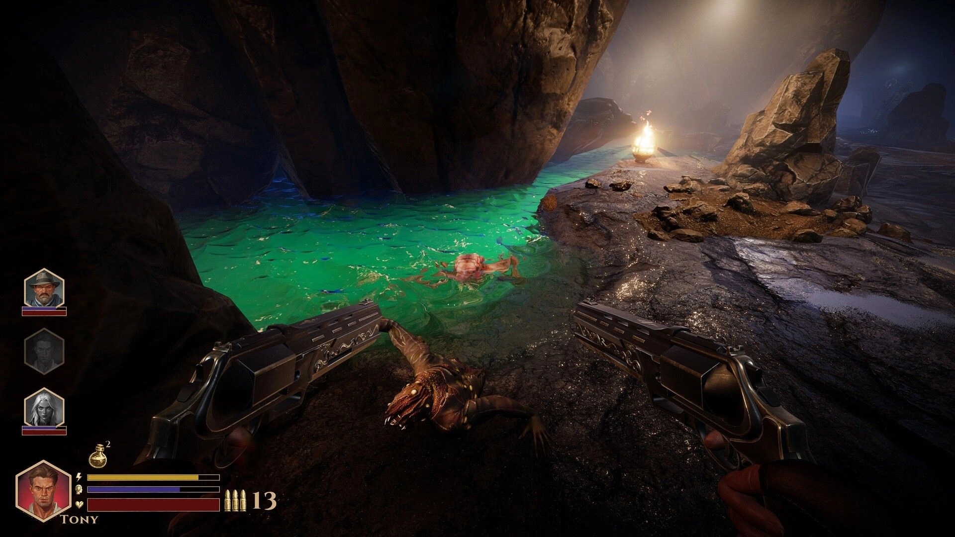 DEEPWARD: Dual pistols aimed at a crawling horror by glowing green water in a rocky cave, UI portraits left.