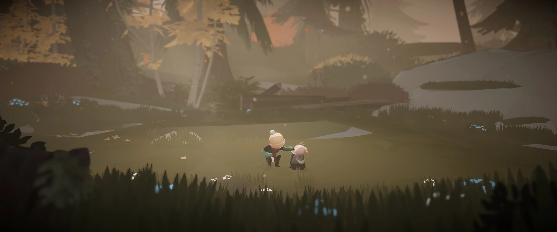 Deer & Boy: Boy crouches to pet a fawn in a misty forest clearing with rocks and grass.