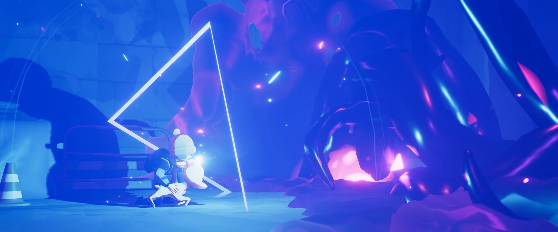 Deer & Boy: Boy hugs glowing fawn by a neon triangle barrier in a blue cave with purple roots.