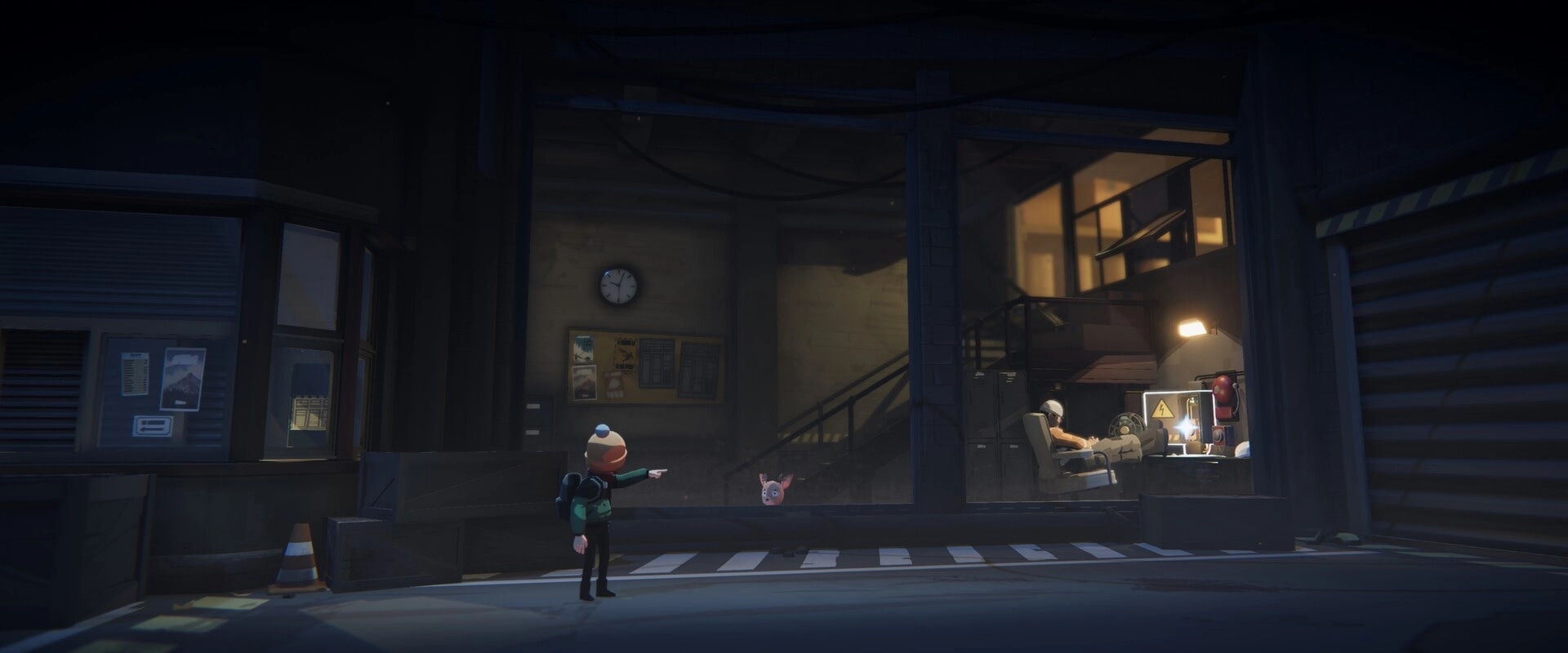 Deer & Boy: Boy points ahead beside a fawn in a dim warehouse lobby with a sleeping guard desk.