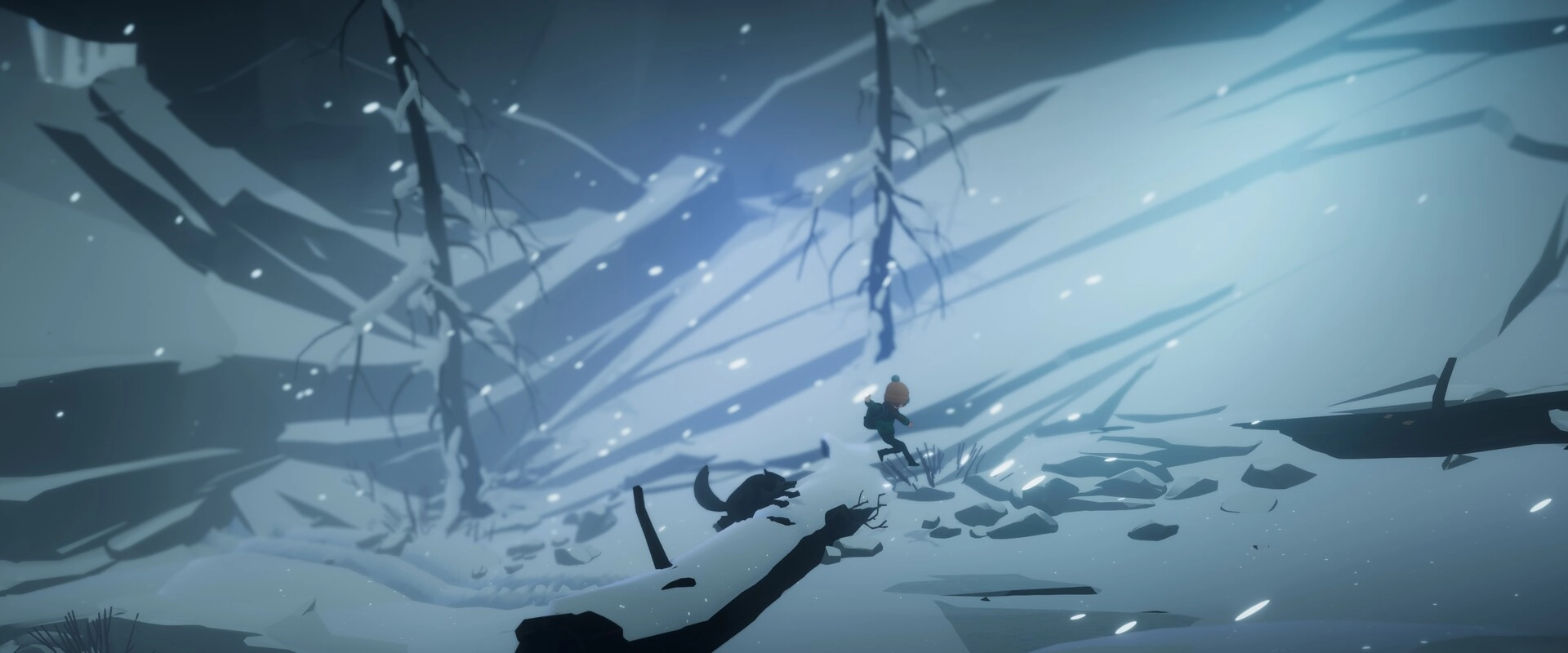 Deer & Boy: Boy runs uphill through a snowy ravine with a wolf close behind in blowing snow.