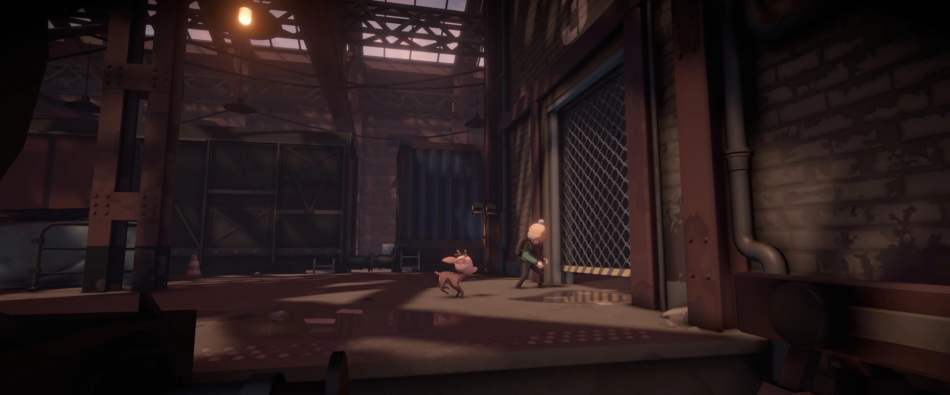 Deer & Boy: Boy and fawn sneak past a metal gate inside a dim industrial warehouse with puddles.