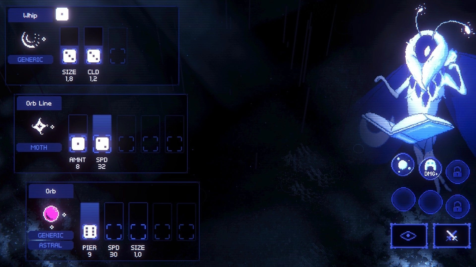 DeeSicks: Dice upgrade menu for Whip, Orb Line, and Orb stats beside a glowing moth boss arena.