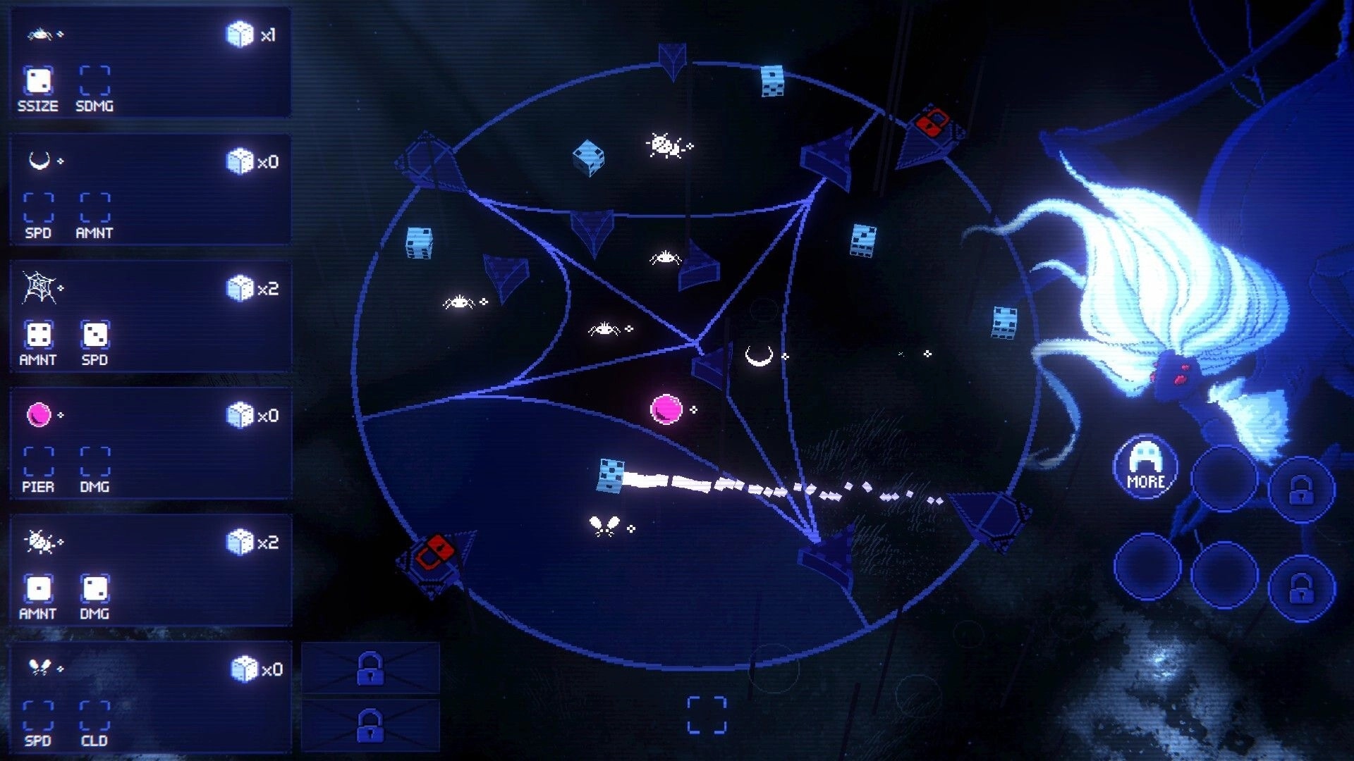 DeeSicks: Dice placement board with stat tiles and enemies, glowing winged boss on right side.