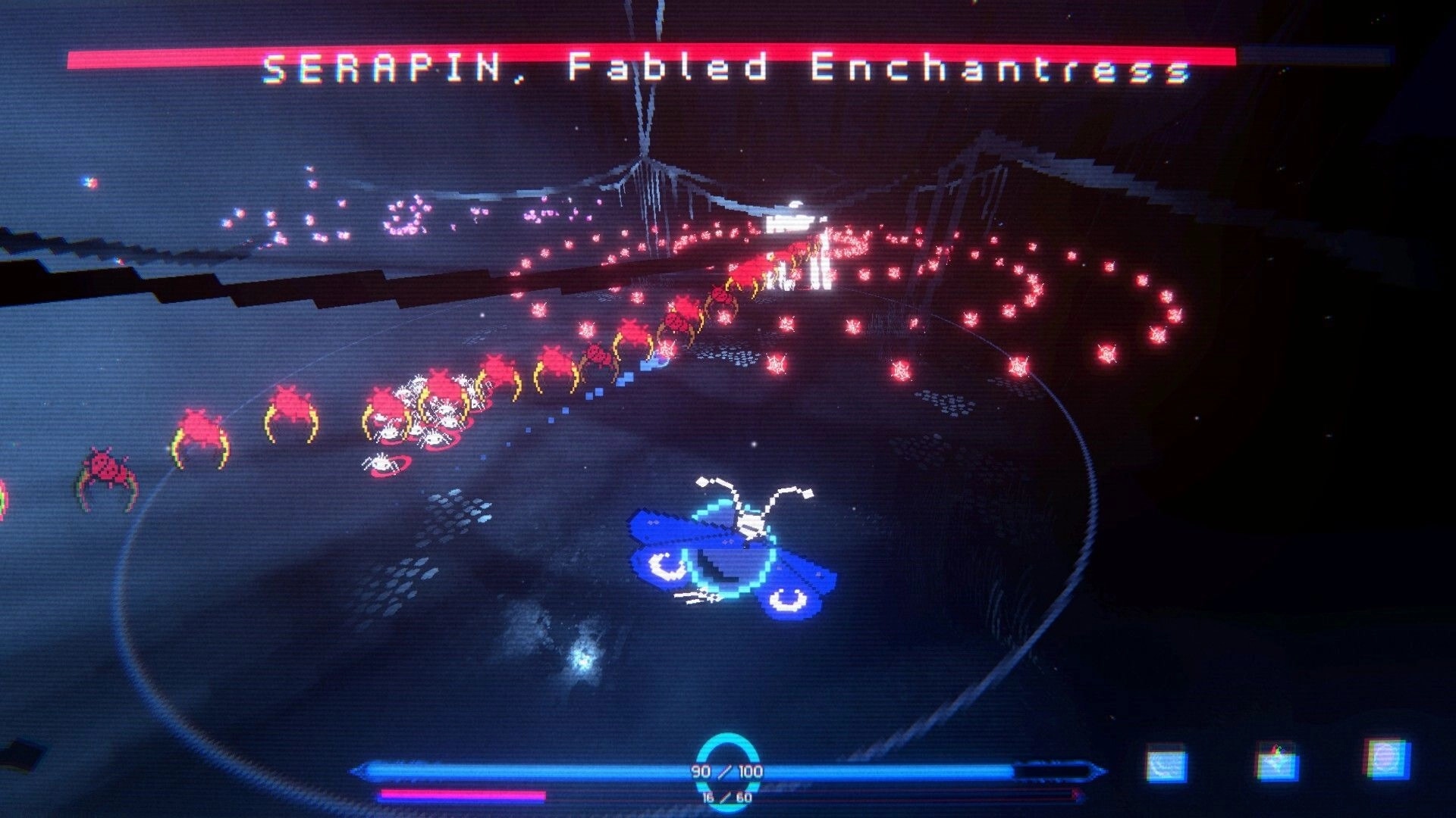 DeeSicks: Boss fight vs Serapin, Fabled Enchantress amid red bullet patterns on a dark arena floor.