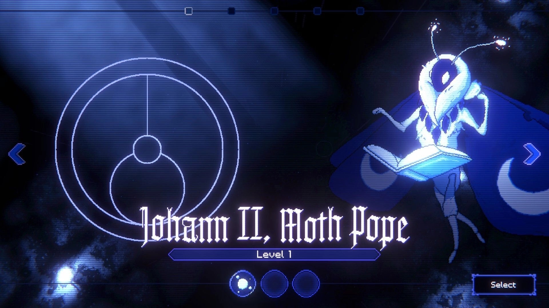 DeeSicks: Character select screen for Joham II, Moth Pope, with Level 1 bar and Select button.