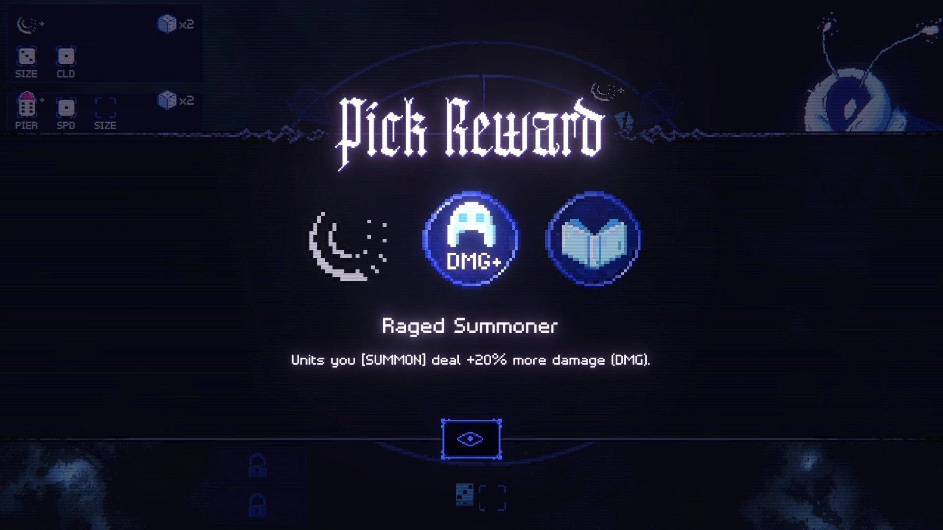 DeeSicks: Pick Reward screen with three perk icons and Raged Summoner bonus in dark UI.