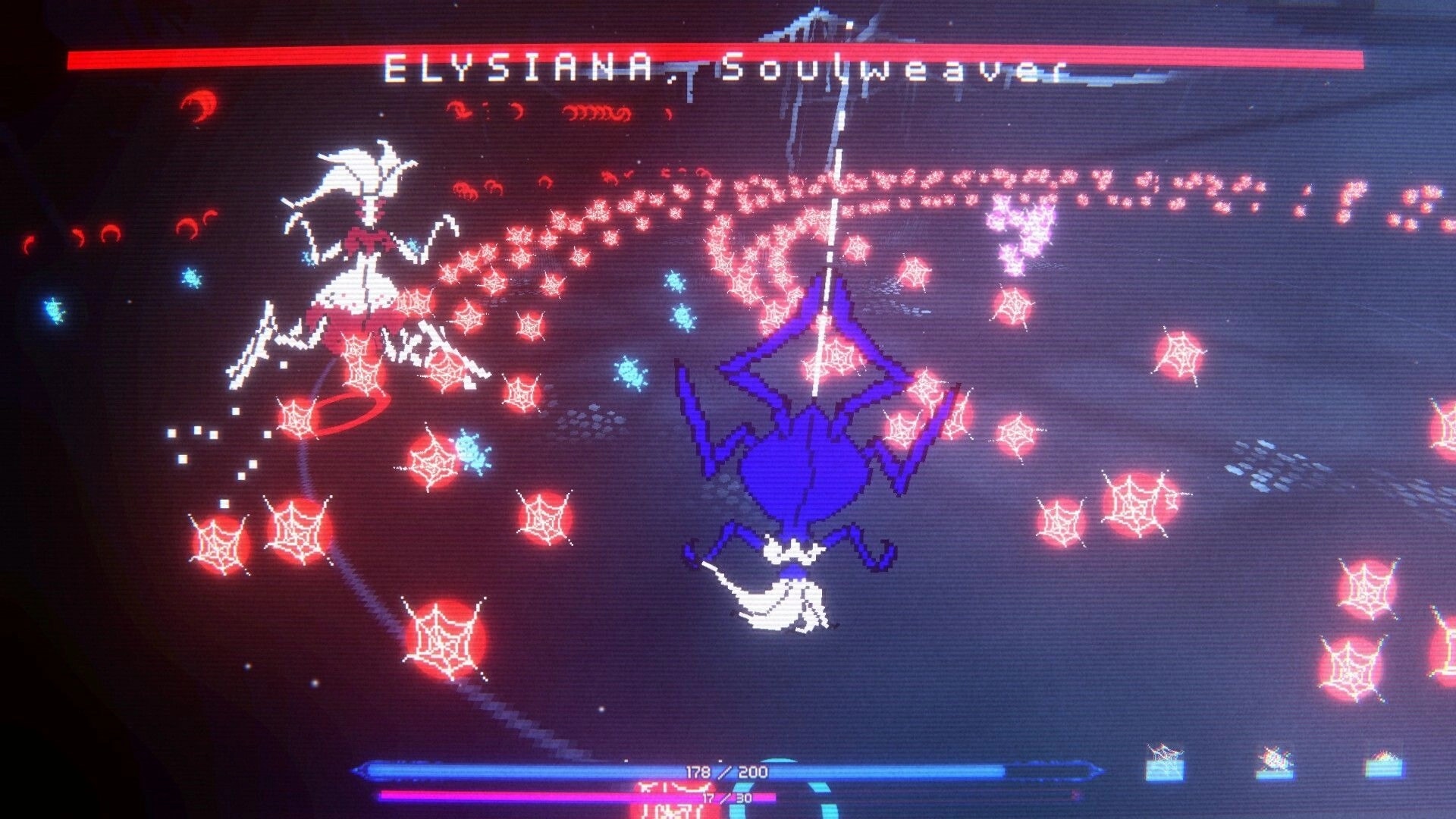 DeeSicks: Boss fight vs ELYSIANA, Soulweaver dodging red web bullets in a dark arena UI.