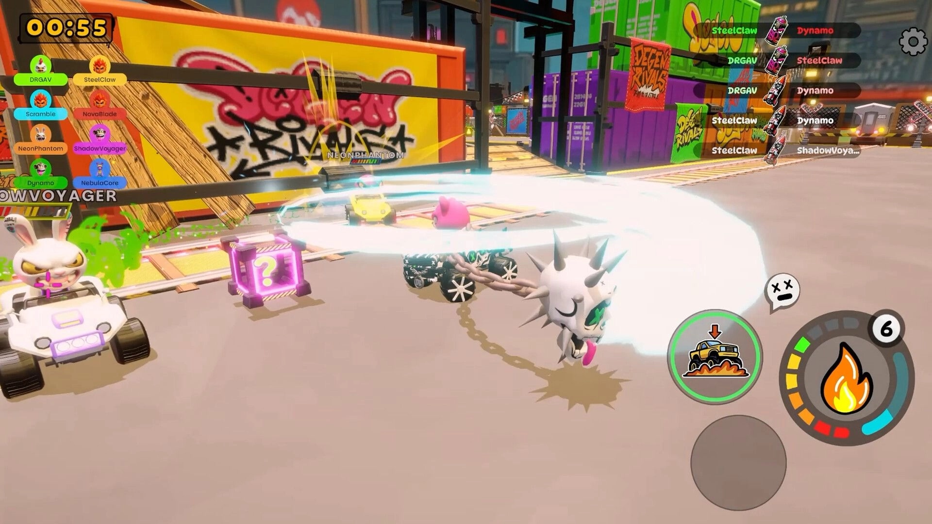 DeGen Rivals: Kart battle with NeonPhantom hit by bright blast, timer and killfeed in graffiti yard.