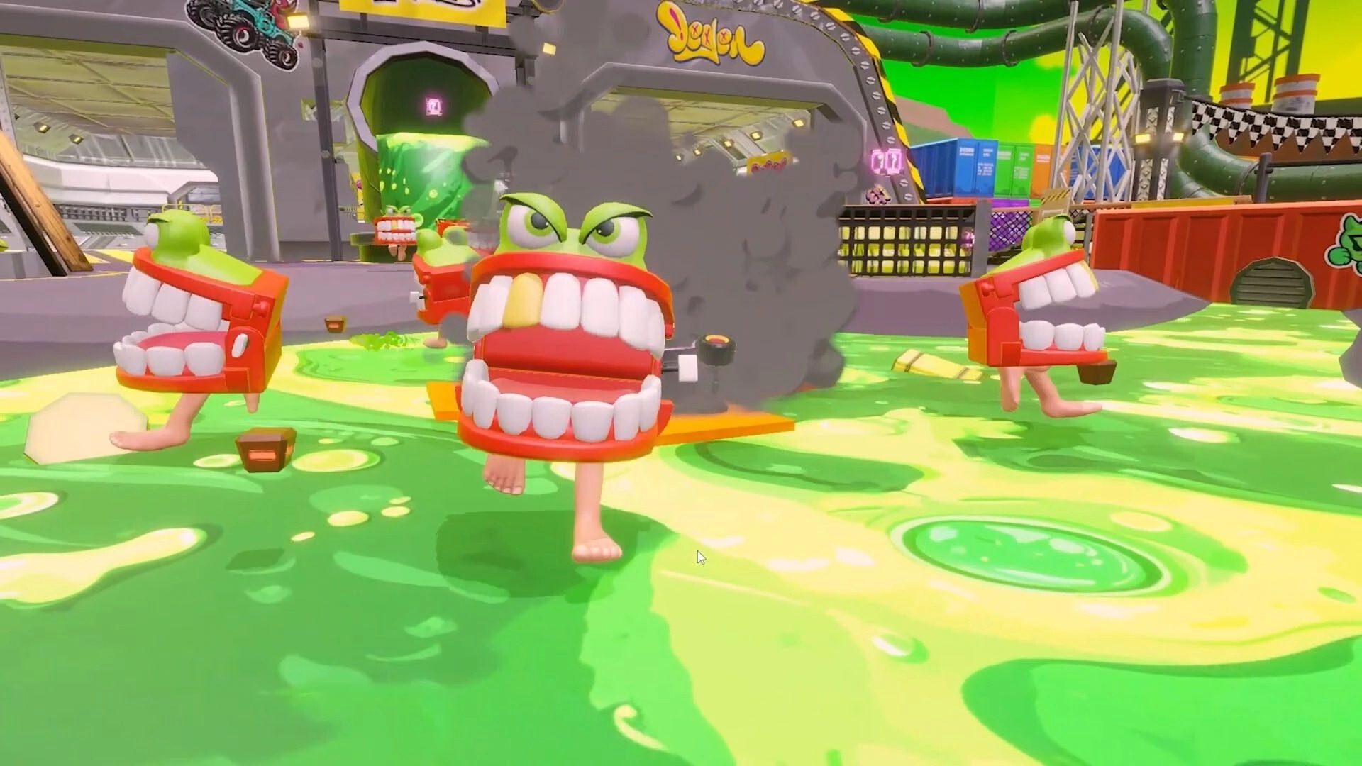 DeGen Rivals: Wind-up chattering teeth racers sprint through green slime in an industrial arena track.
