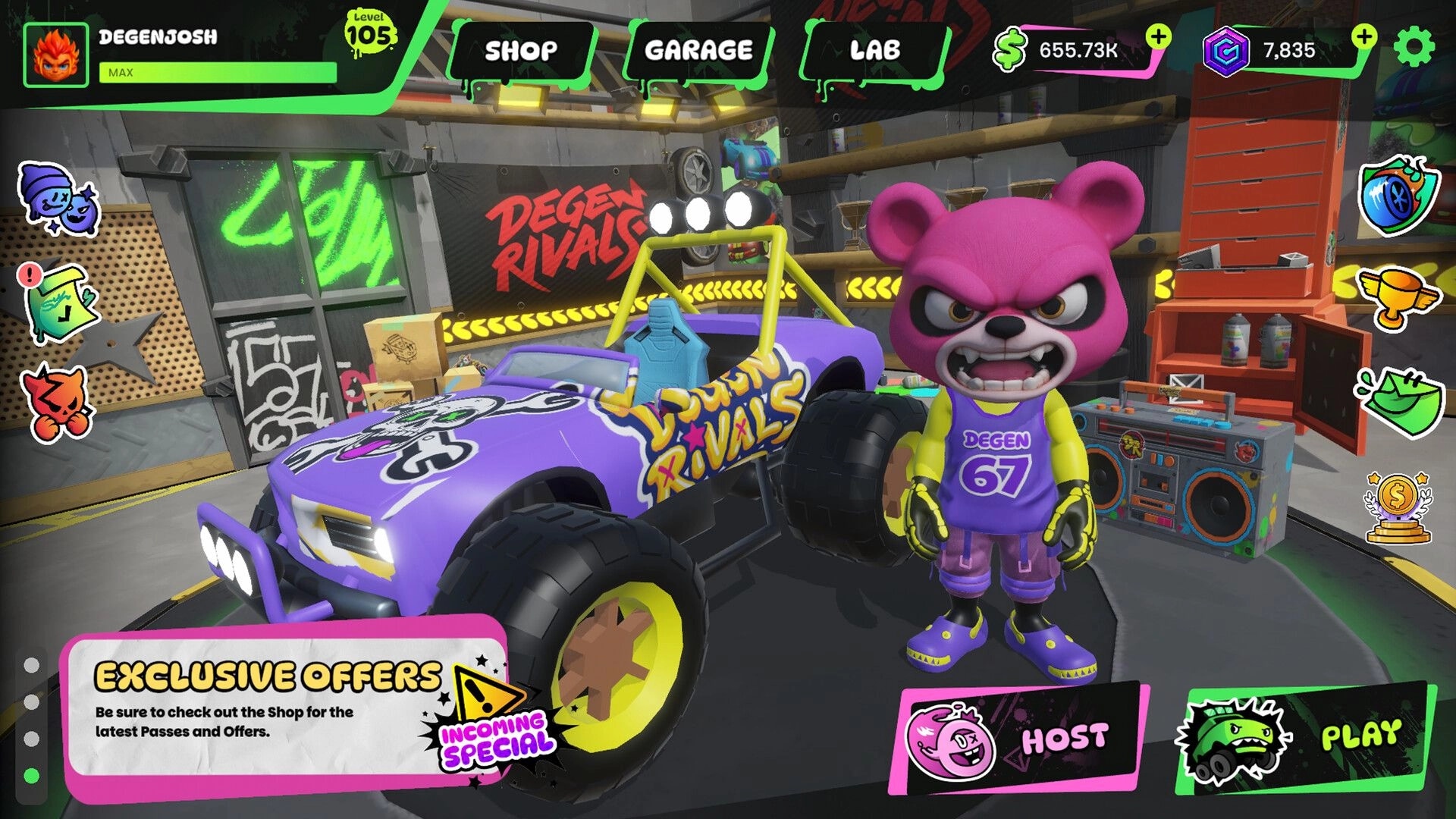 DeGen Rivals: Garage menu with purple off-road kart and angry pink bear avatar in workshop bay.