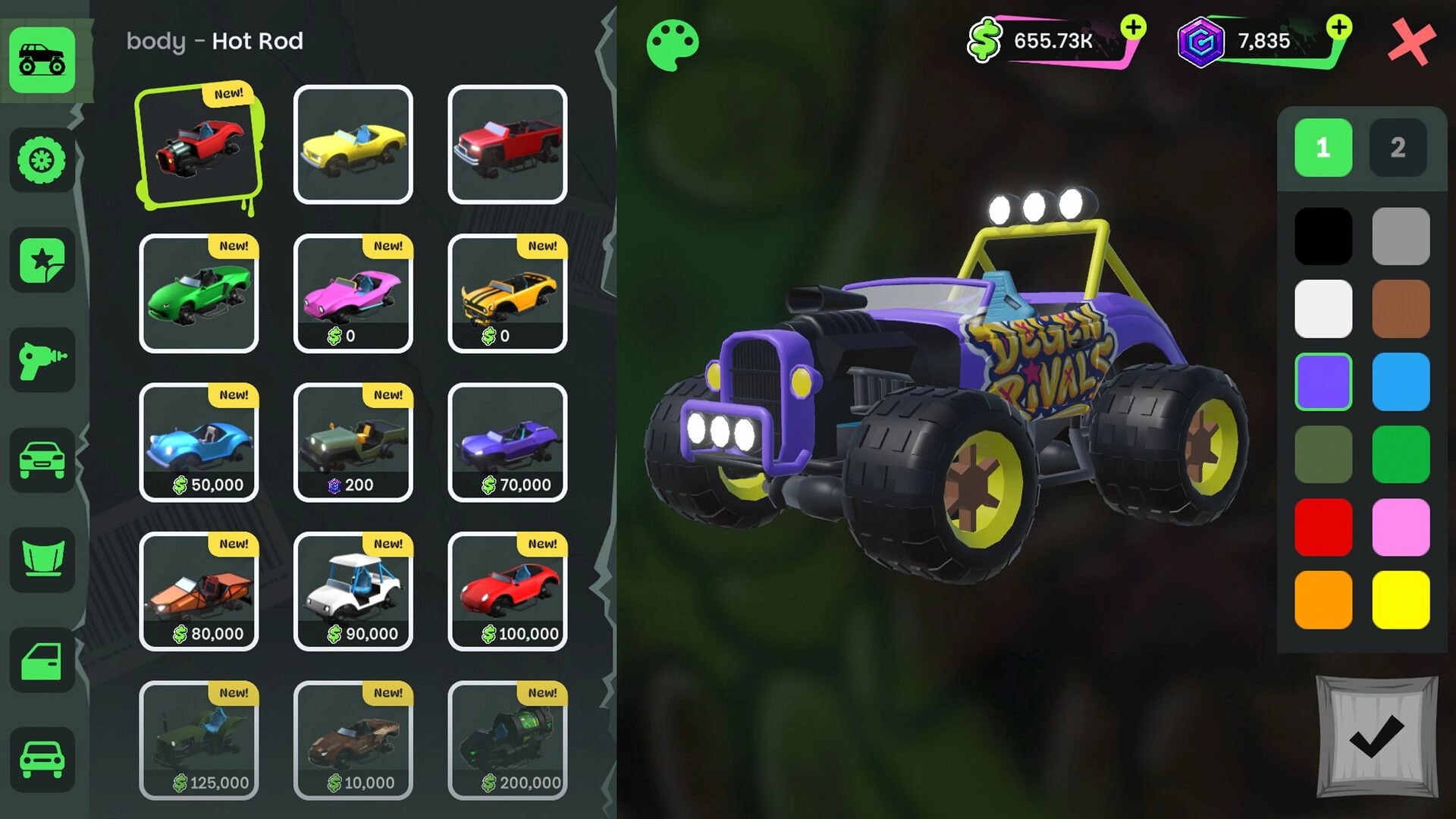 DeGen Rivals: Hot Rod body selection menu with car grid and purple monster truck paint editor UI.