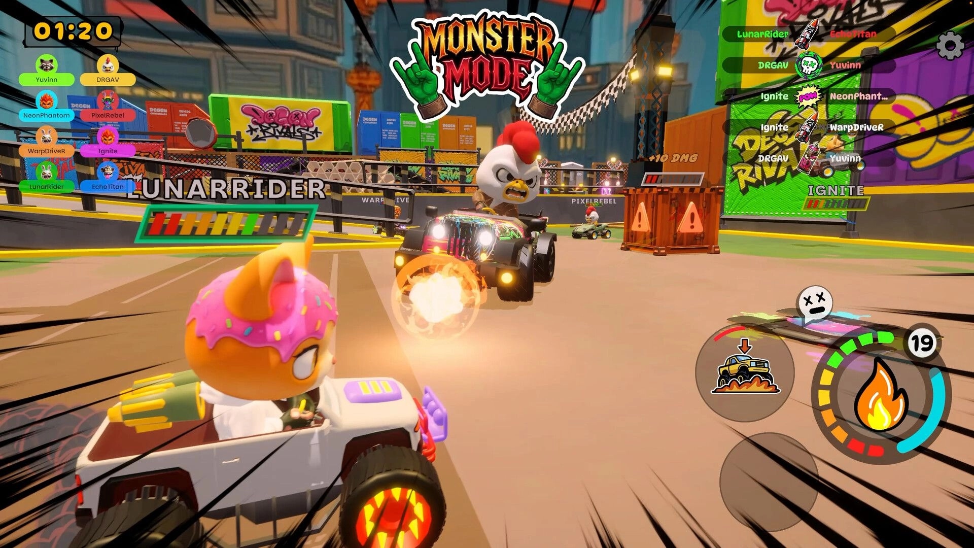 DeGen Rivals: Monster Mode kart chase with timer, player list, and flame boost meter in city arena.