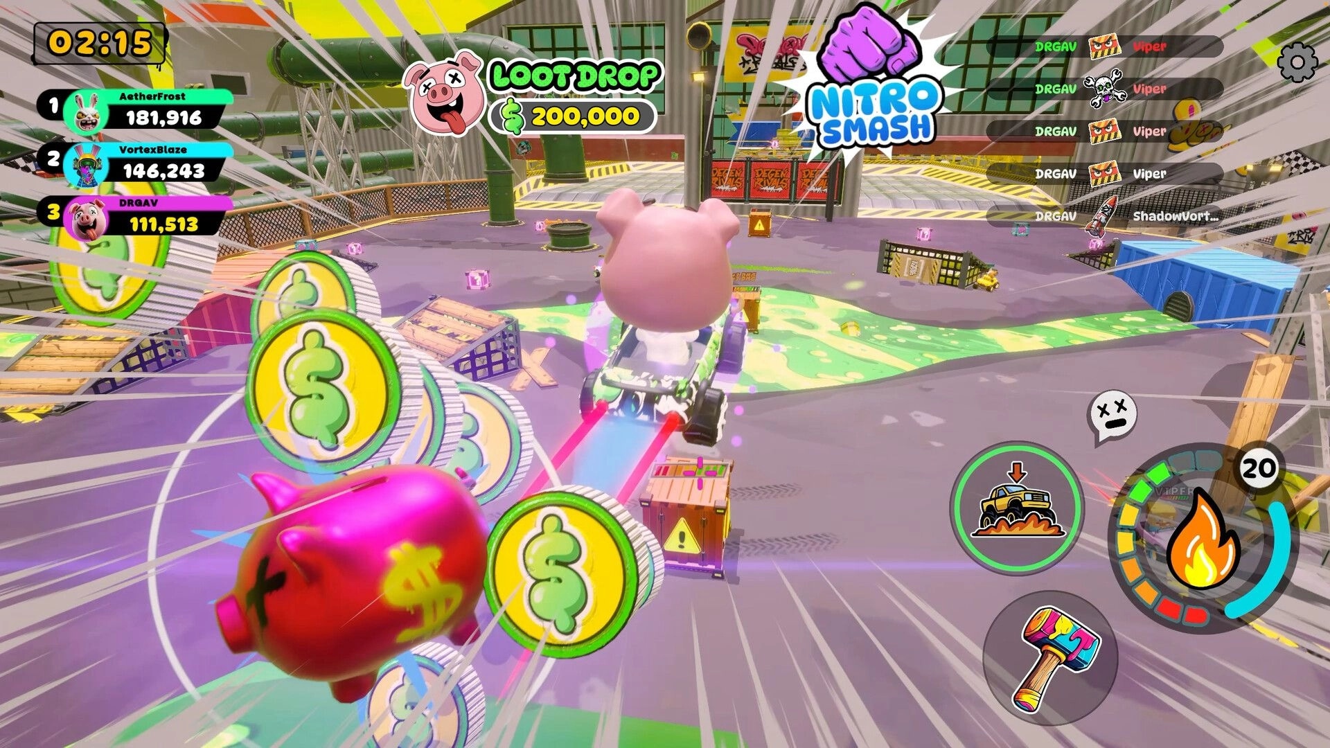 DeGen Rivals: Pig driver boosts with Nitro Smash, loot drop timer and scores in factory arena.