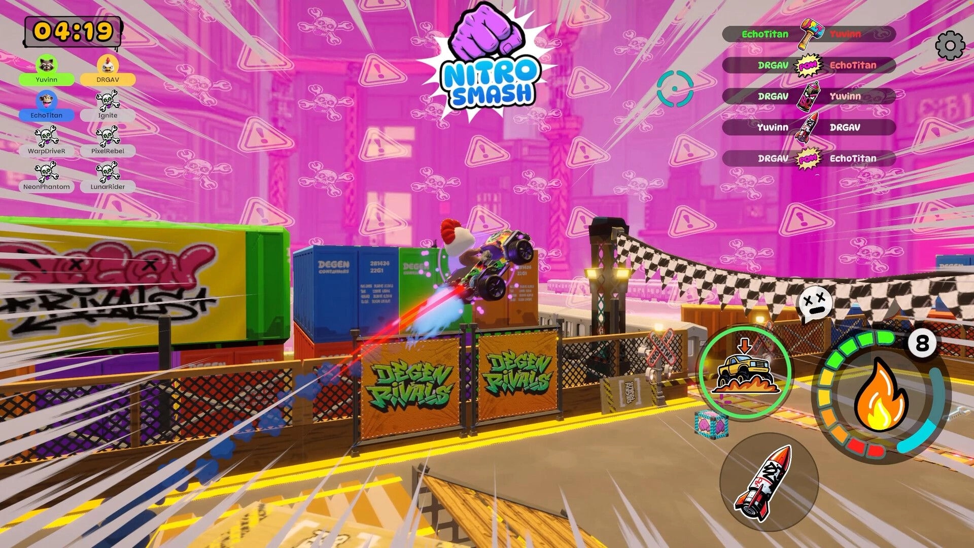 DeGen Rivals: Nitro Smash boost sends kart airborne over fenced container track with timer and killfeed UI.