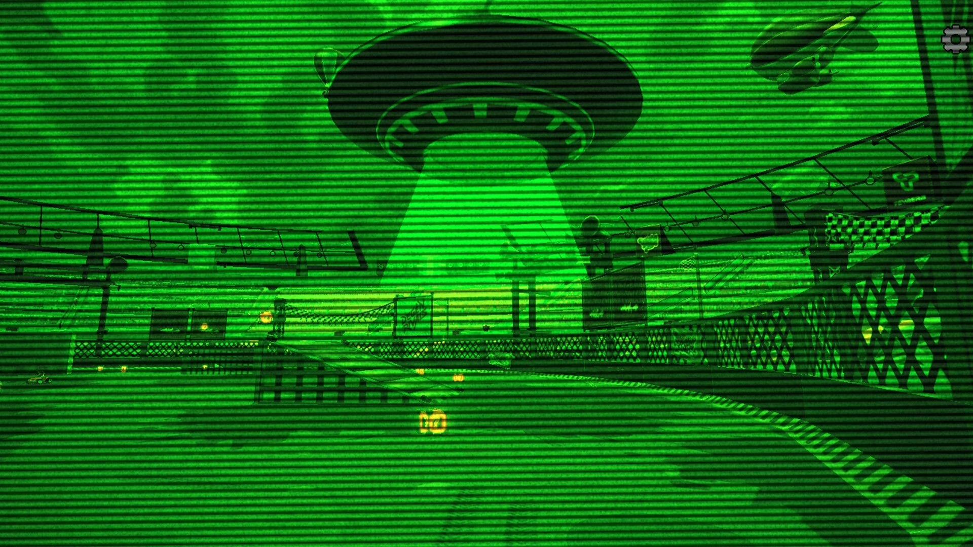 DeGen Rivals: Green scanline view of a kart track under a giant UFO beam in neon arena course.