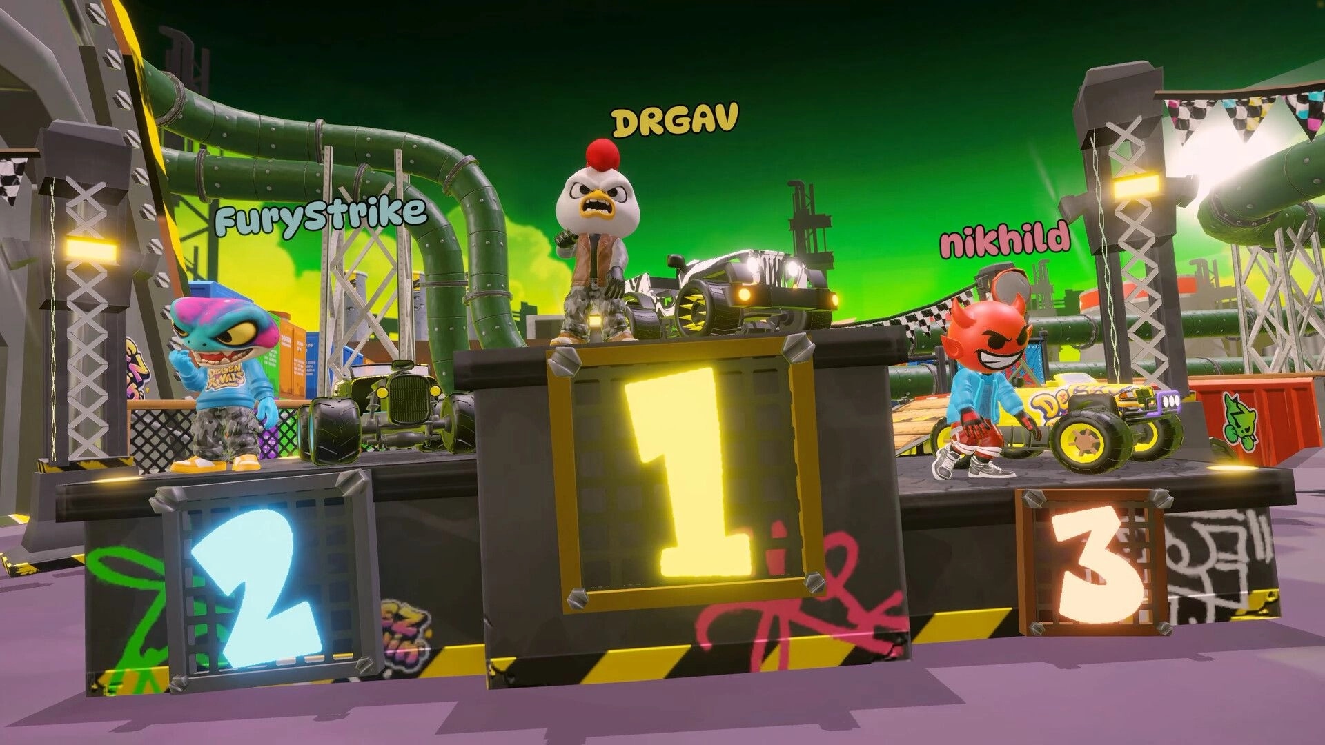 DeGen Rivals: Winner podium with DRGAV, FuryStrike, nikhild and karts in neon industrial arena.