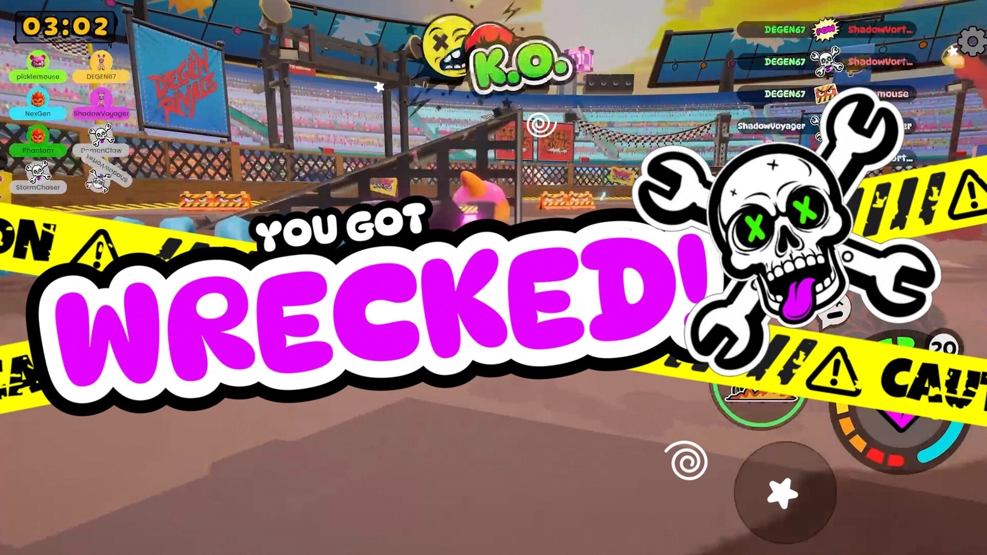 DeGen Rivals: "You got WRECKED!" KO screen with timer and kill feed in a stadium kart arena.