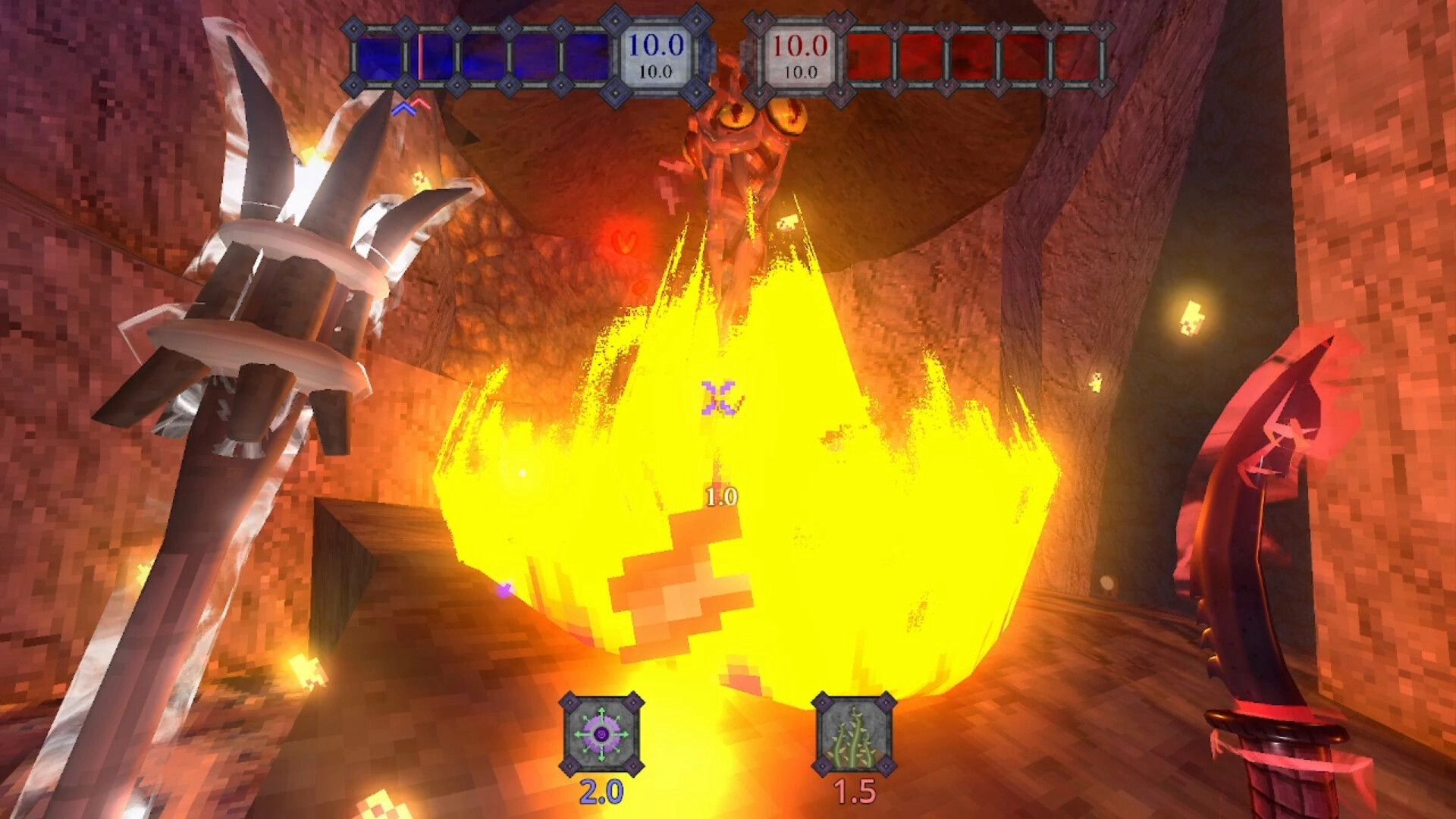 Deiity: Intense combat with fiery explosion in dungeon, displaying health and weapon UI elements.