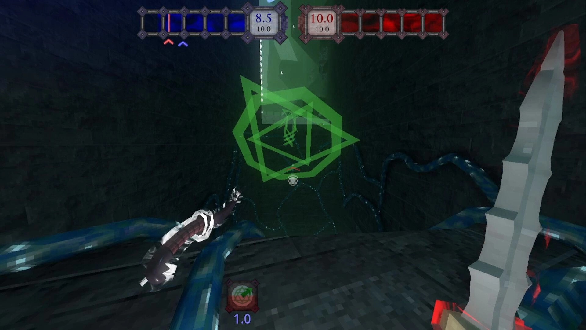 Deiity: Player in dungeon corridor with sword, aiming at glowing green geometric symbol and health bars.