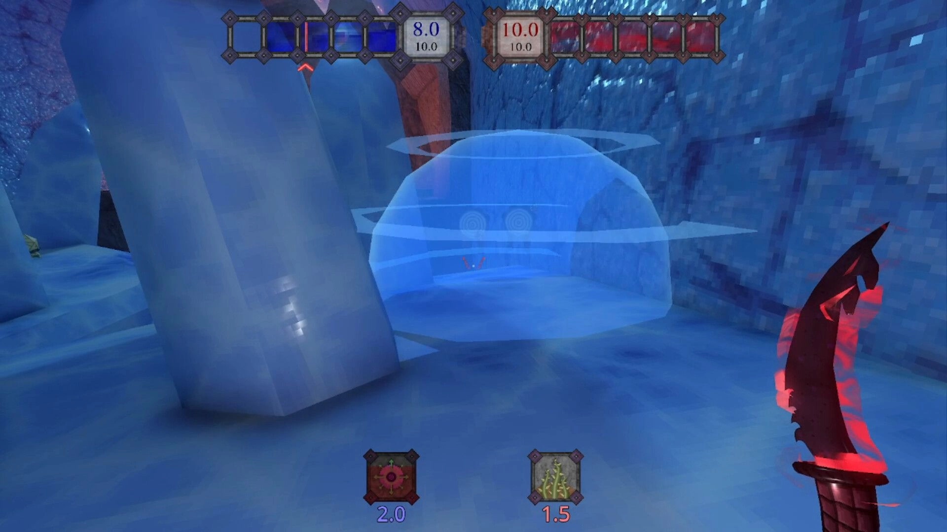 Deiity: Player holding red dagger in icy dungeon, with health and spell indicators on screen top.