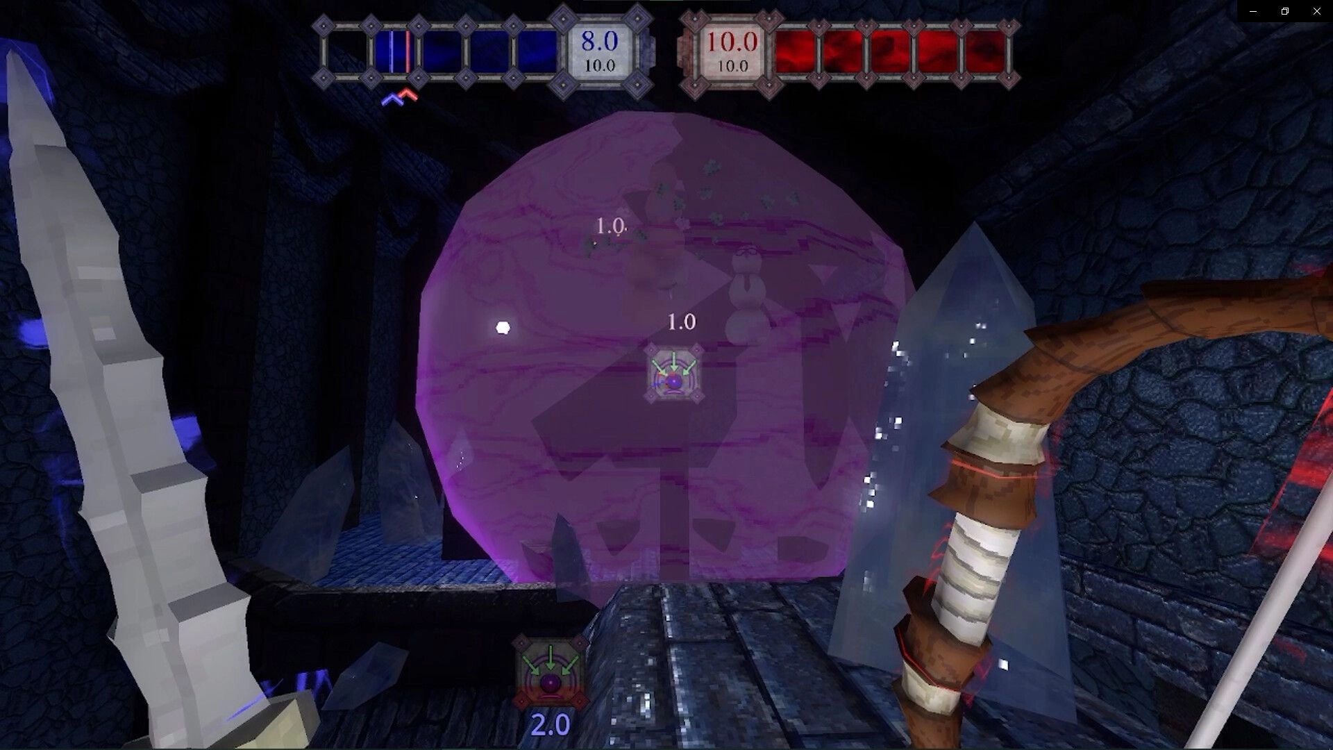 Deiity: Player wields sword and staff in a dark dungeon with glowing crystals and a magic barrier.